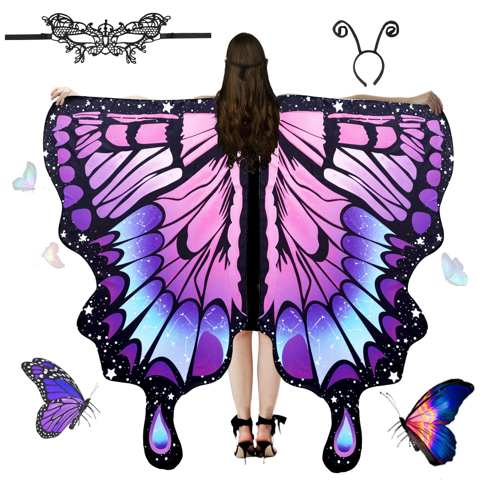 Butterfly Wings, Butterfly Costumes Fairy Wing Cape, Wings Shawl, Colorful Fairy Wings, Cosplay Pixie Fairy Ladies for Christmas Halloween Costume Party Dress Up