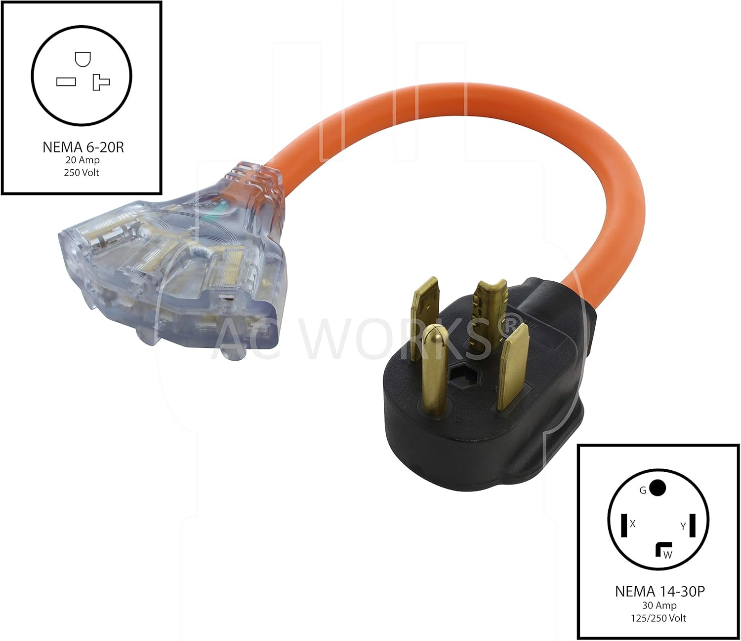 AC WORKS 30 Amp 4-Prong Dryer Wall Outlet Adapter (To 6-20 W/Multi-Outlets)