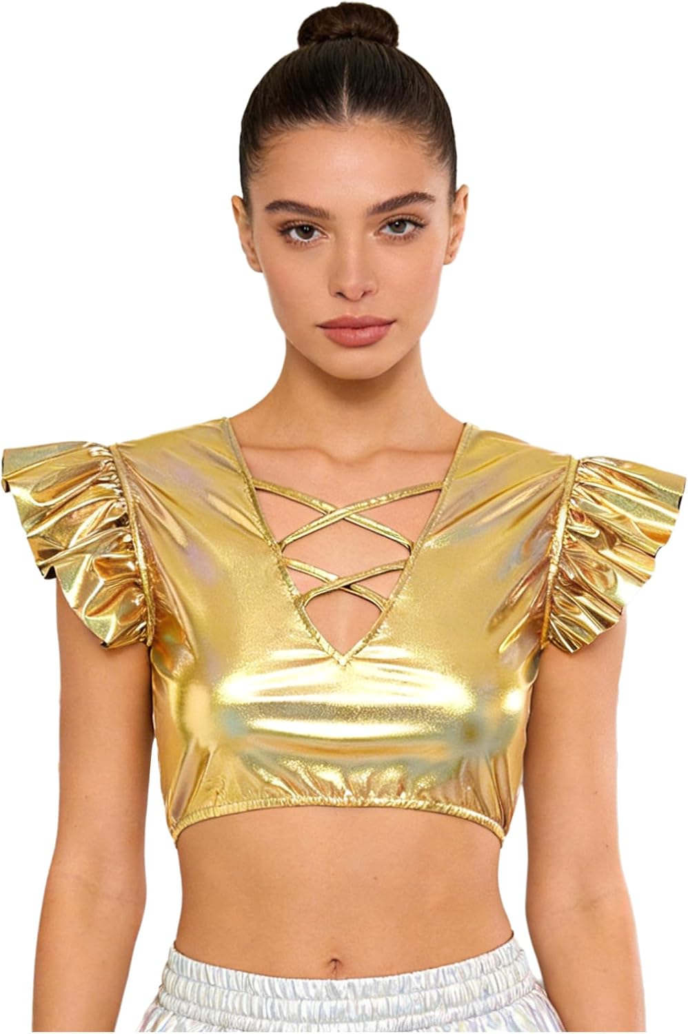 FEESHOW Women's Shiny Metallic Top V Neck Ruffled Fly Sleeve Crop Shirts Jazz Dance Top for Halloween Party
