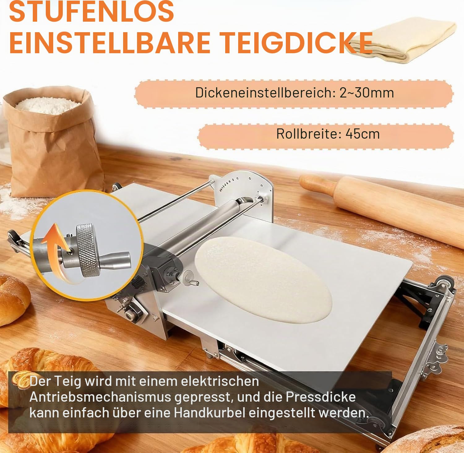 Teigausrollmaschine Elektrisch Für Blätterteig, Professionelle Teigausrollmaschine Pizza Für Zuhause Kommerziell, Automatischer Teigroller Dough Sheeter Machine, Einstellbare Teigdicke 2-30mm