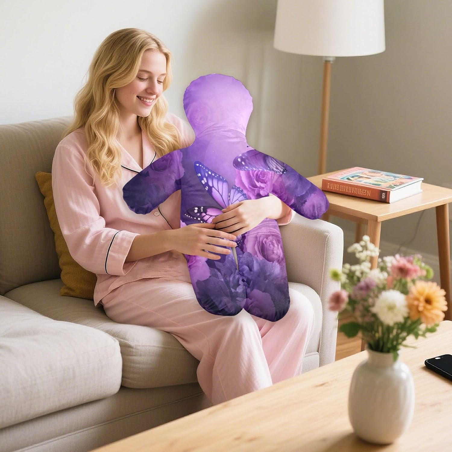 Purple Flowers and Butterflies Human-Shaped Pillow Soft Body Pillows Washable Velvet Pillows for Anxiety Relief Sleeping Cuddling & Support