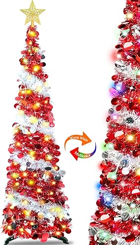 Lápiz preiluminado de 5 pies con temporizador para decoración de árbol de Navidad, 50 luces cálidas, lentejuelas de estrellas, funciona con pilas,