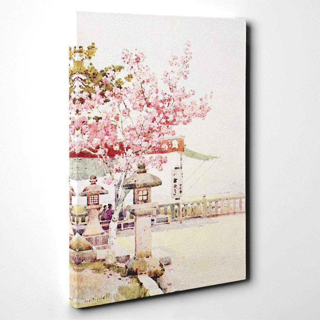 Ella Du Cane Japanese Oriental The Pink Cherry Canvas Print | Gallery Wrapped 30mm Frame Wall Art | 20x14 inches | Ready to Hang | Asian Still Life Picture | Living Room Bedroom Lounge Office