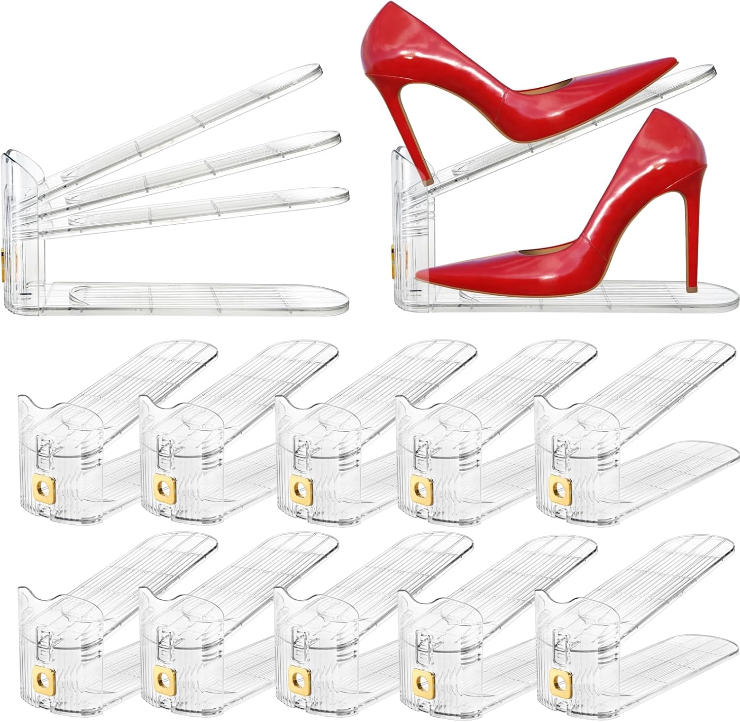 Eorbow 10 Pack Clear Shoe Slot Organizer, 11" Adjustable Shoes Stacker for Closet, Double Deck Display Shelf for a Pair of Shoes, Anti-slip Shoe Rack Holder Storage Space Saver