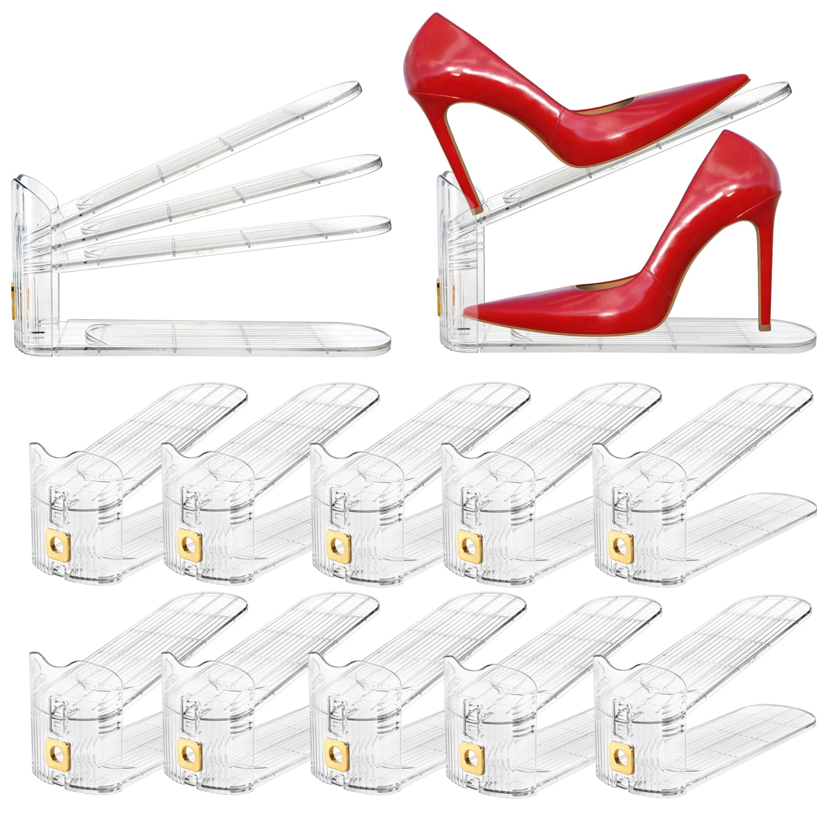 Eorbow Paquete de 10 organizadores transparentes para zapatos, apilador de zapatos ajustable de 11 pulgadas para armario, estante de exhibición de doble cubierta para un par de zapatos, soporte