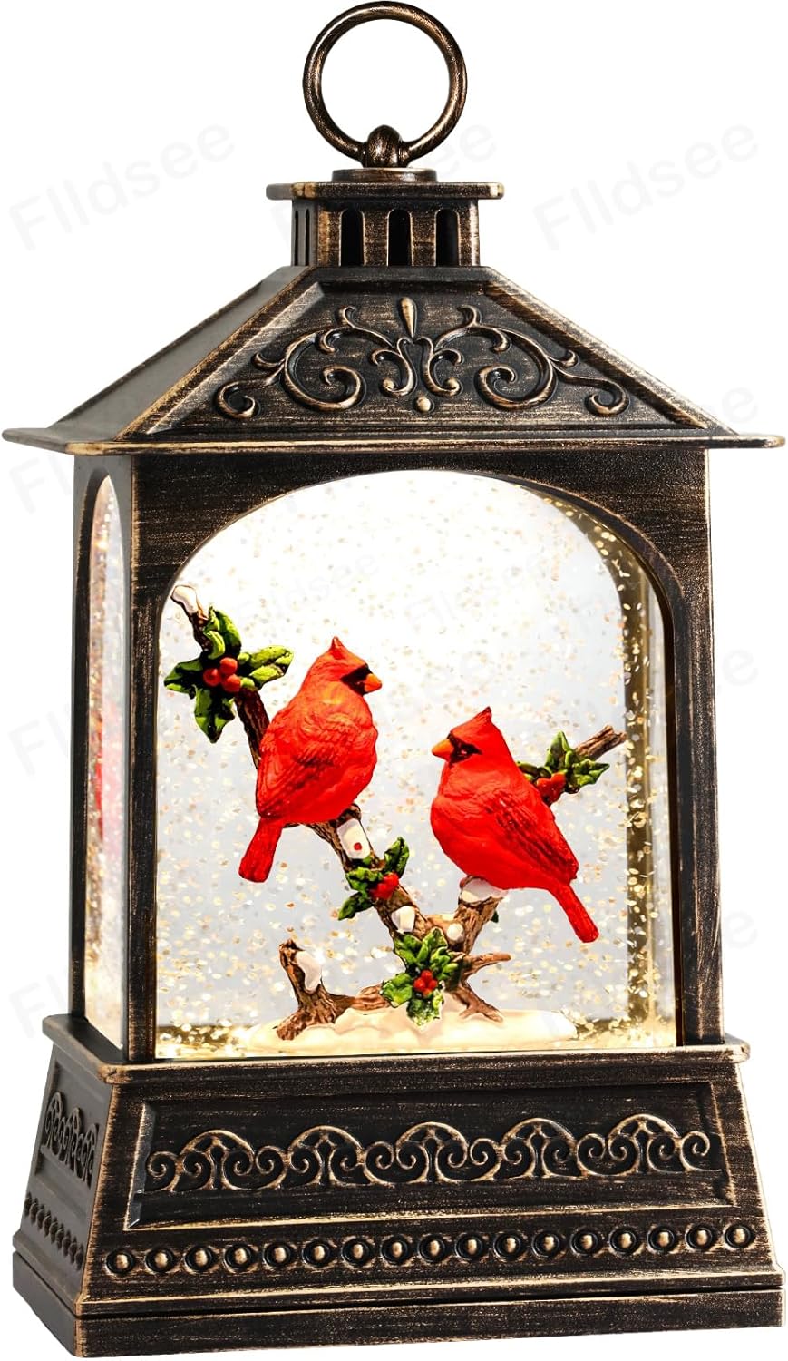 Snow Globe Lantern Christmas Decorations Indoor, Musical Snowglobe Light with Timer, USB & Battery Powered Music Box, Cardinal, Xmas Holiday Home Decor