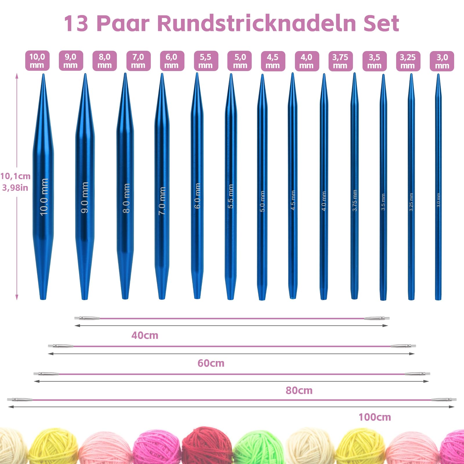 Coopay 13 Paires Aiguilles Circulaires Tricot Interchangeable de 3,0-10,0mm, Aiguille à Tricoter en Aluminium, Kit Tricot Debutant, Aiguille Circulaire Tricot pour Layette, Pull, Écharpe - Bleu