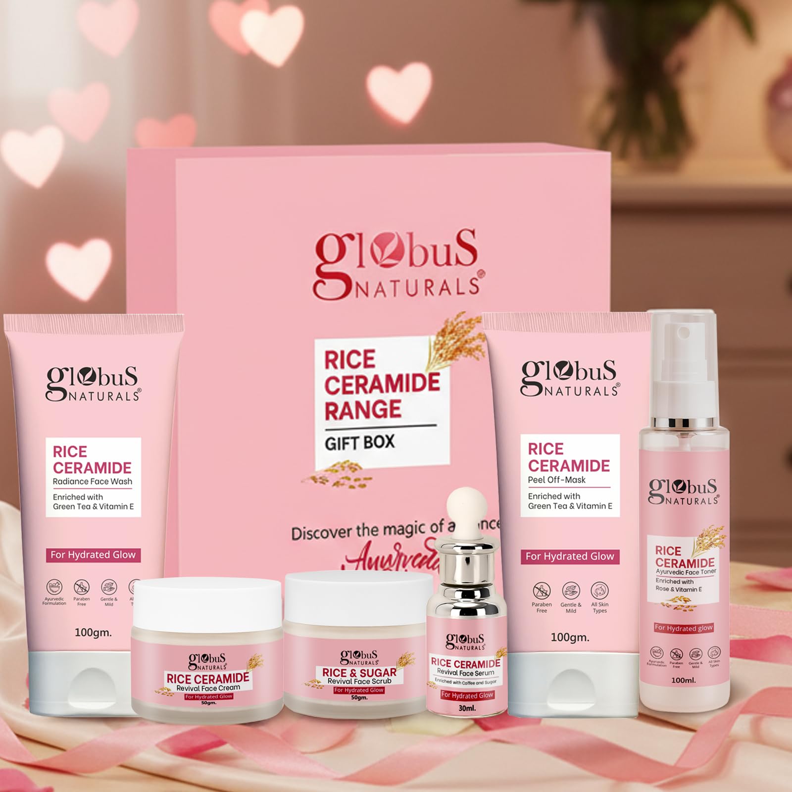 Globus Naturals Valentine Rice Ceramide Skincare Gift Box, For Korean Glass Skin, Set of 6 Face Wash 100gm, Cream 50gm, Scrub 50gm, Peel off Mask 100gm, Serum 30ml, Toner 100ml-image-0