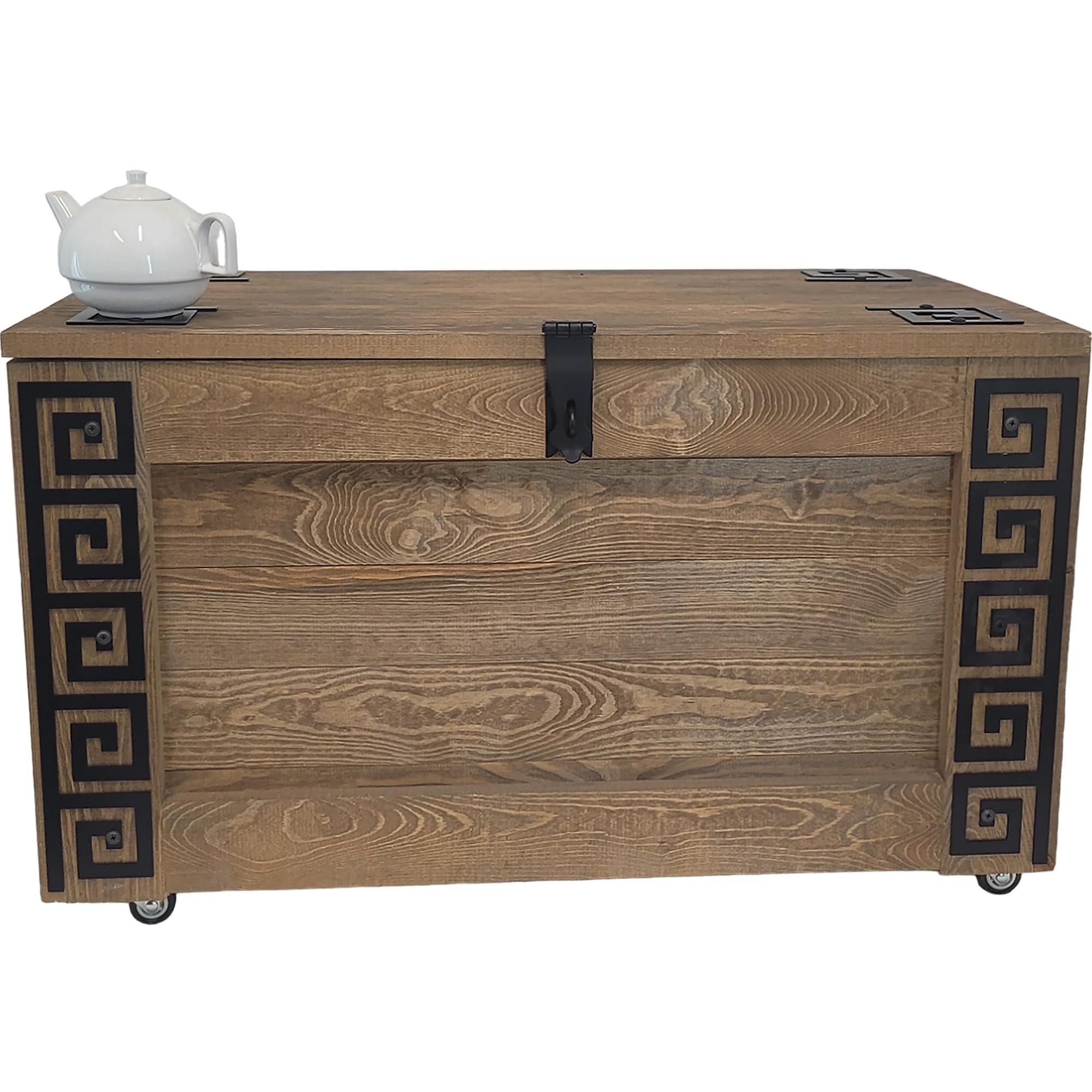 weeco Baúl de madera con diseño griego con ruedas, caja de madera de 80 x 47 x 45 cm, mesa de café, cofre del tesoro, mesa auxiliar, tapa plegable y espacio de almacenamiento, caja de muebles de