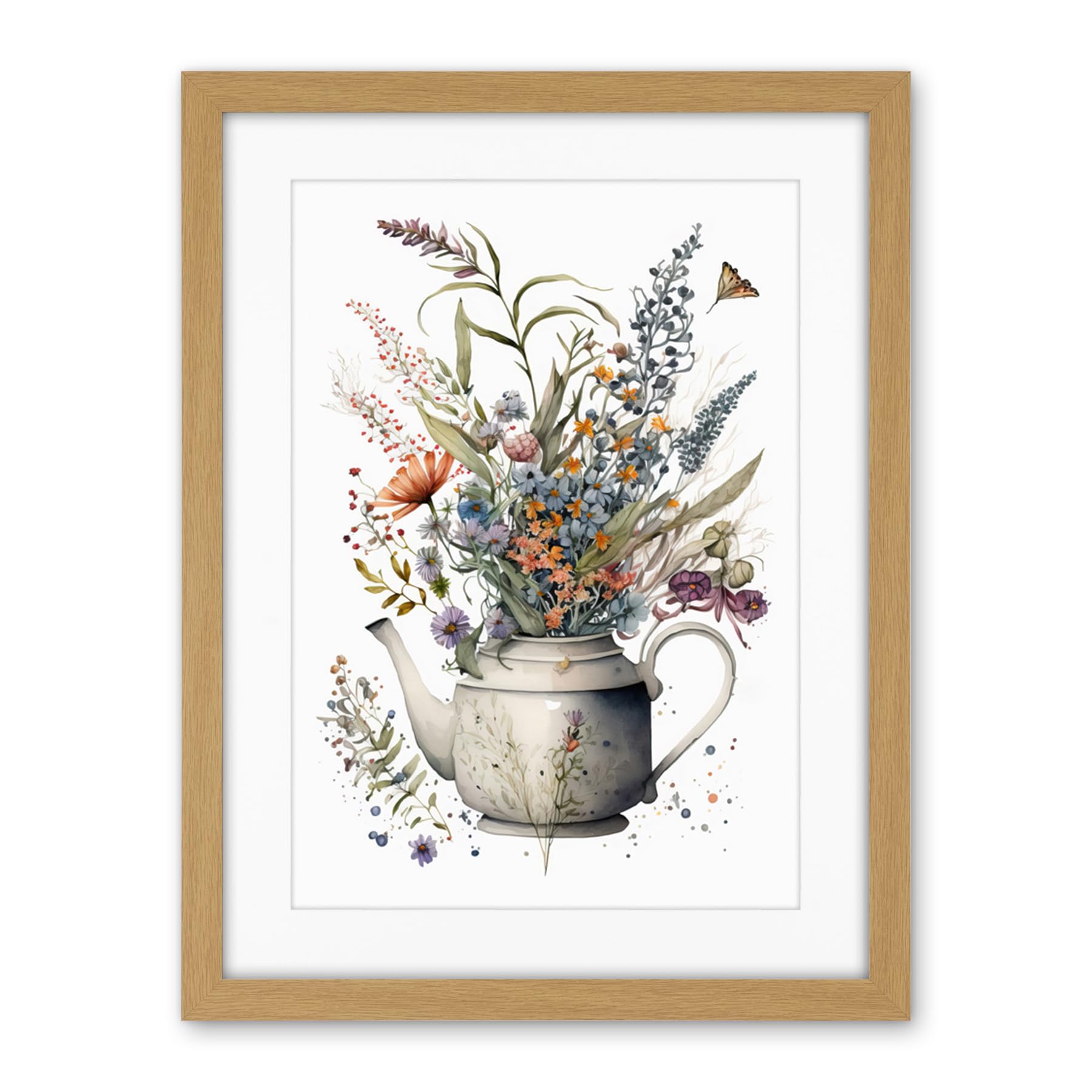 Artery8 Spring Wildflower Bouquet in White Ceramic Teapot Artwork Framed Wall Art Print 18X24 Inch