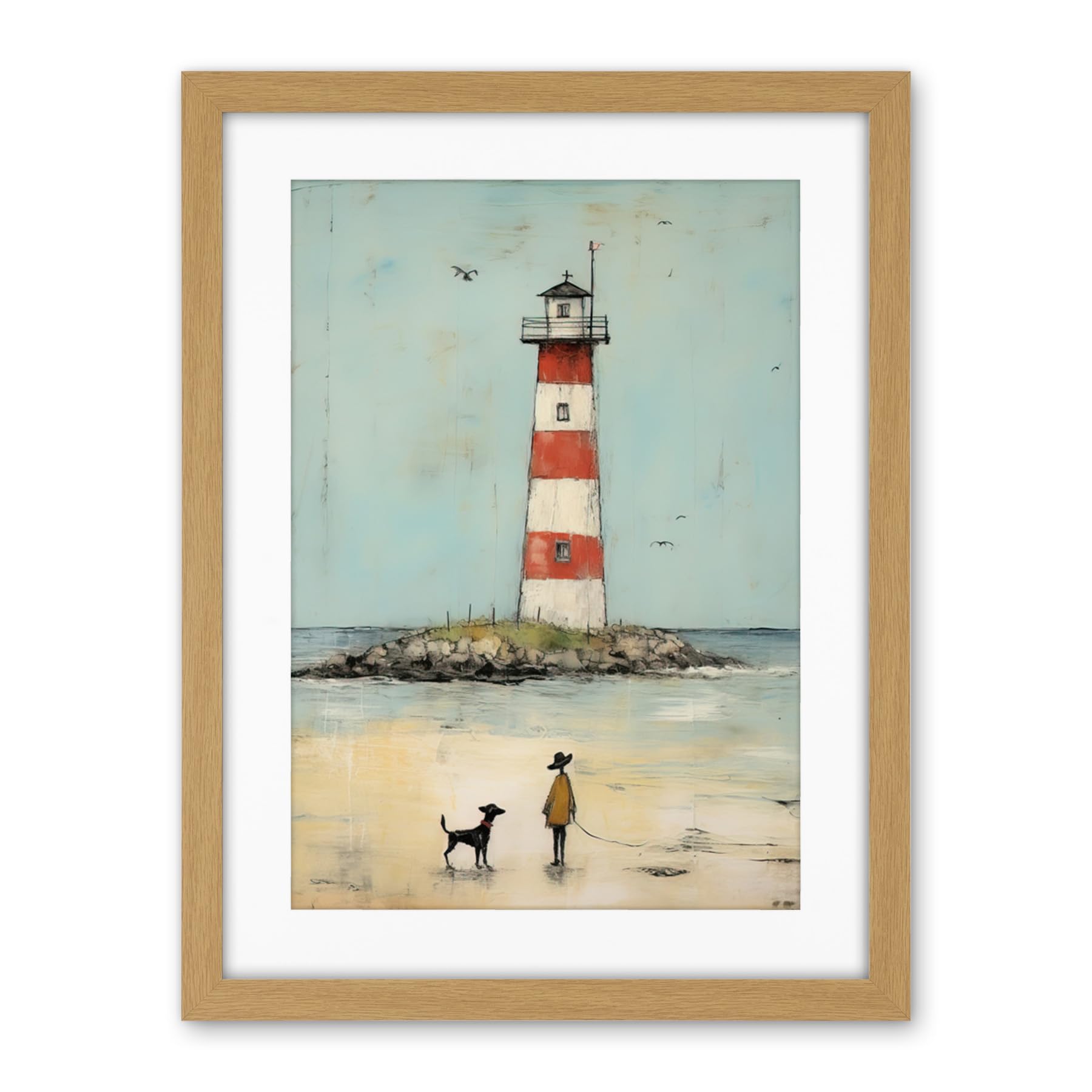 Artery8 Lighthouse Pastel Colour Painting Bathroom Artwork Red Blue Ochre Boy and Pet Dog Beach Walk Artwork Framed Wall Art Print 18X24 Inch