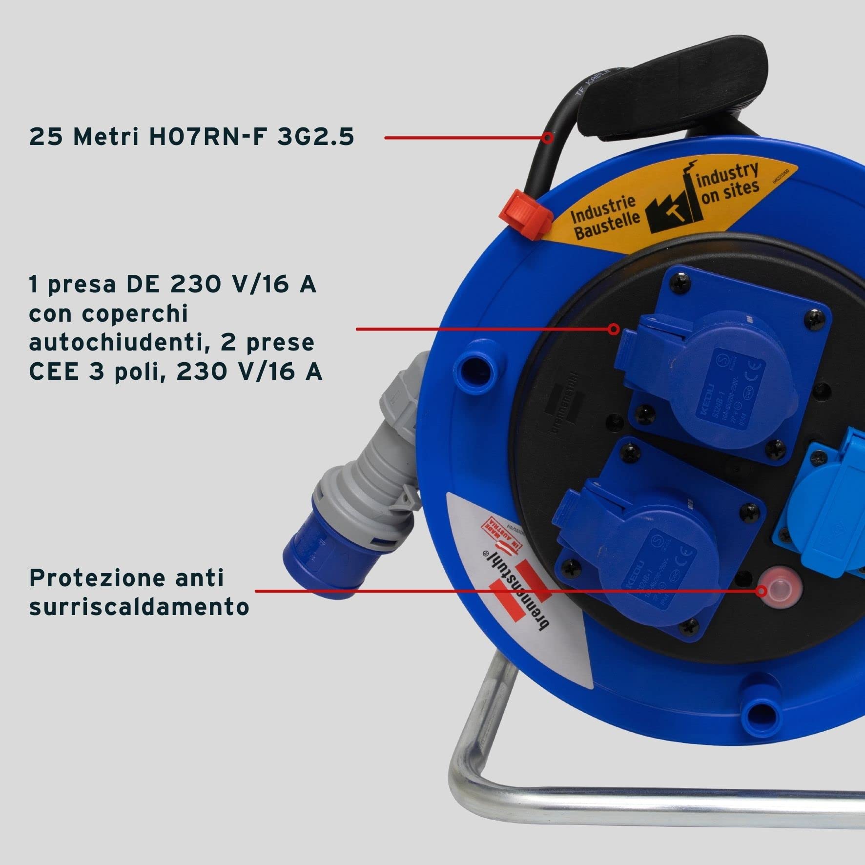 Brennenstuhl 1332786 Enrollador de cable de 25 m (Cable obra) asa ergonómica, enchufe CEE 3 polos 230 V/16 A, 1 enchufe Schuko y 2 enchufes CEE 3 polos 230 V/16 A con autocierre, Serie Garant ST CEE 2 – IP 44