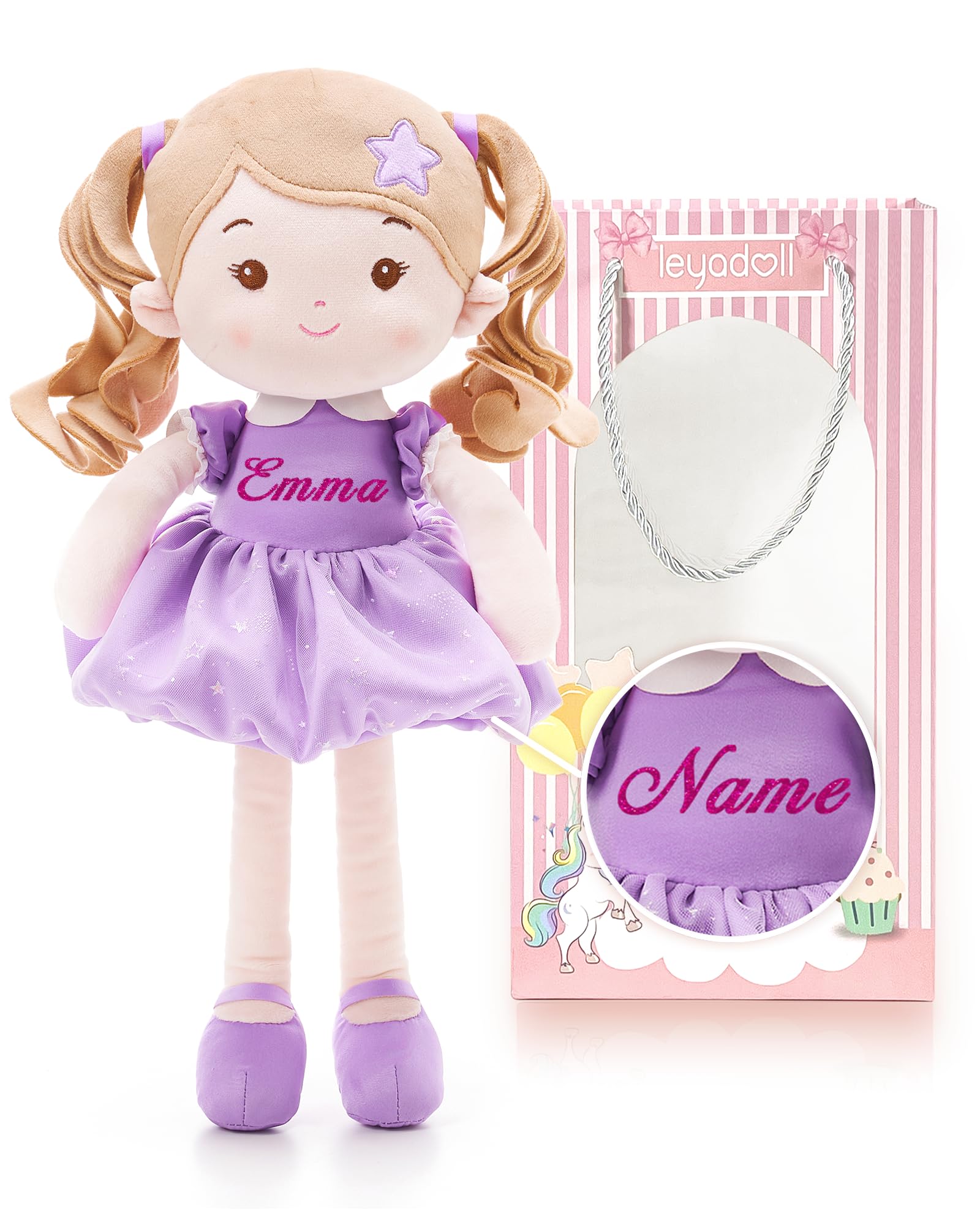 LeyaDoll Personalized Soft Baby Doll Toys for Girls (16''), My First Christmas Dolls, Leya Doll Baby Rag Doll Plush Toys for Toddler Kids Infants -Princess Starlet Light Purple