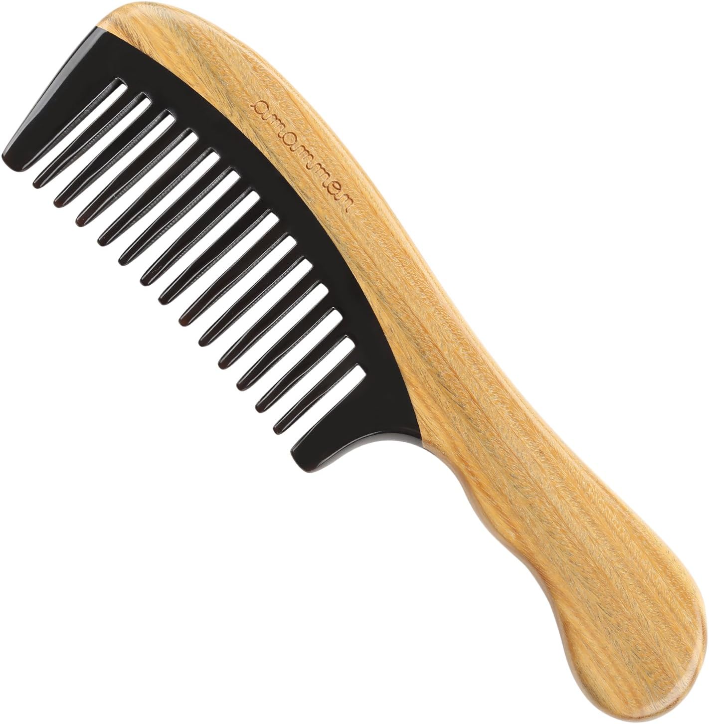 Sandal Wood Black Ox Horn Comb - Anti Static Natural Detangling Hair Comb - Handmade Premium Quality Natural Wide Tooth Wave Handle - Exquisite Gift