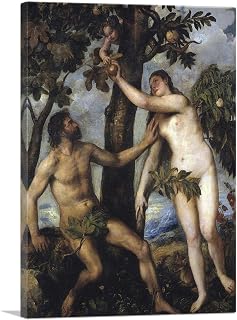 ARTCANVAS Adam And Eve 1550 Canvas Art Print Stretched Framed Painting Picture Poster Giclee Wall Decor by Titian Tiziano Vecelli - 18" x 12" (0.75" Deep)