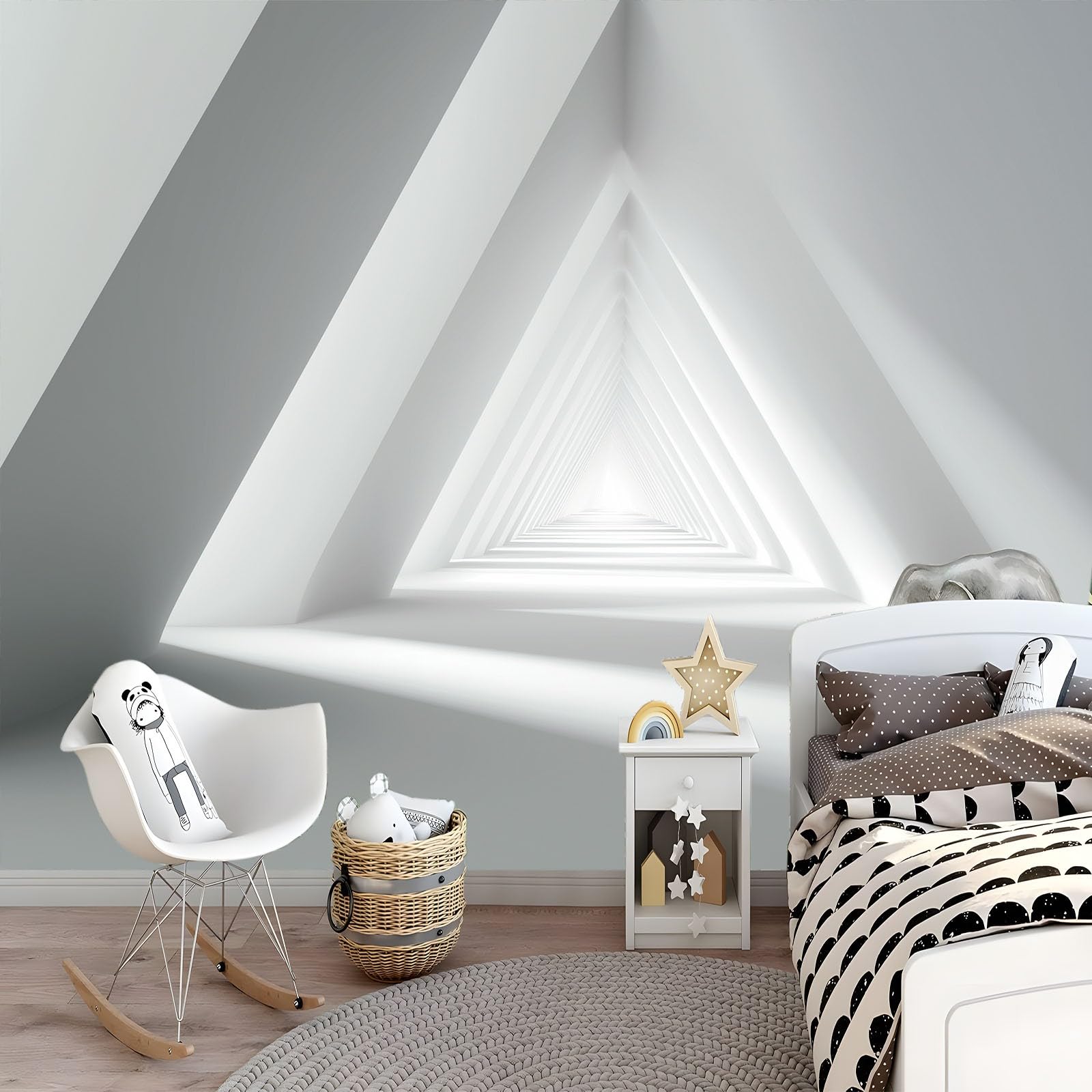 Panoramiczna tapeta 350 x 256 cm (szer. x wys.), włóknina ścienna abstrakcyjna geometryczna trójkąty - do salonu pokoju dziecięcego i kremowa dekoracja ścienna