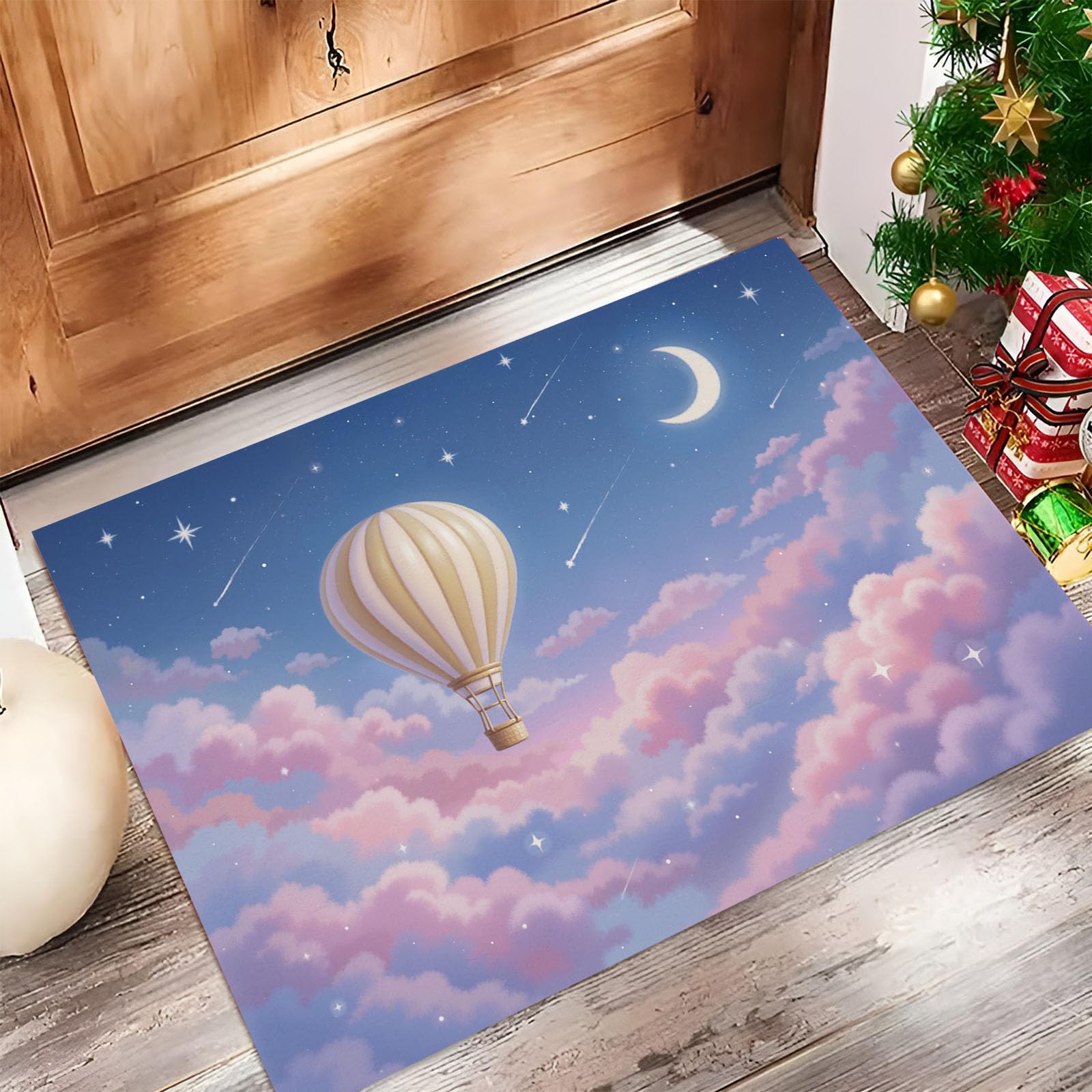 Felpudo Entrada Casa, 80x120cm Alfombra de Puerta Lindo Globo Aerostático Tapetes de Interior Cielo De Dibujos Animados Antideslizante para Decorativo Dormitorios y Zonas Entrada Cuartos, Azul