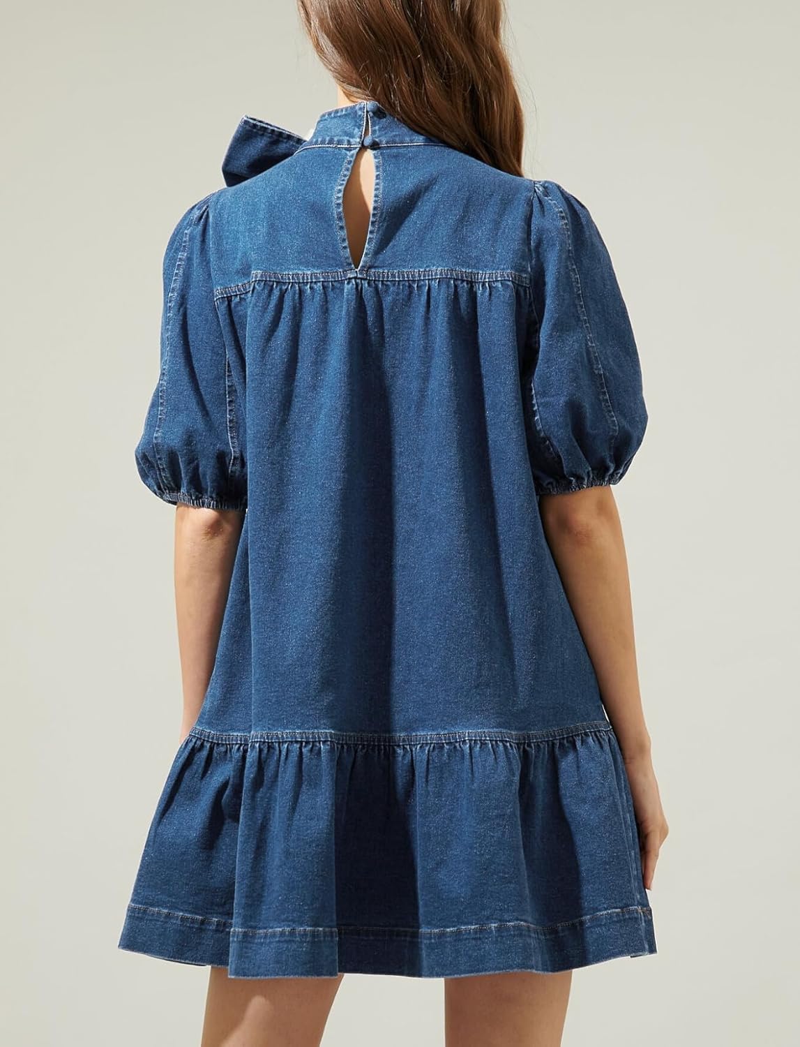 Women Summer Puff Short Sleeve Denim Dress Mock Neck Babydoll Jean Dress with Bow - Image 2