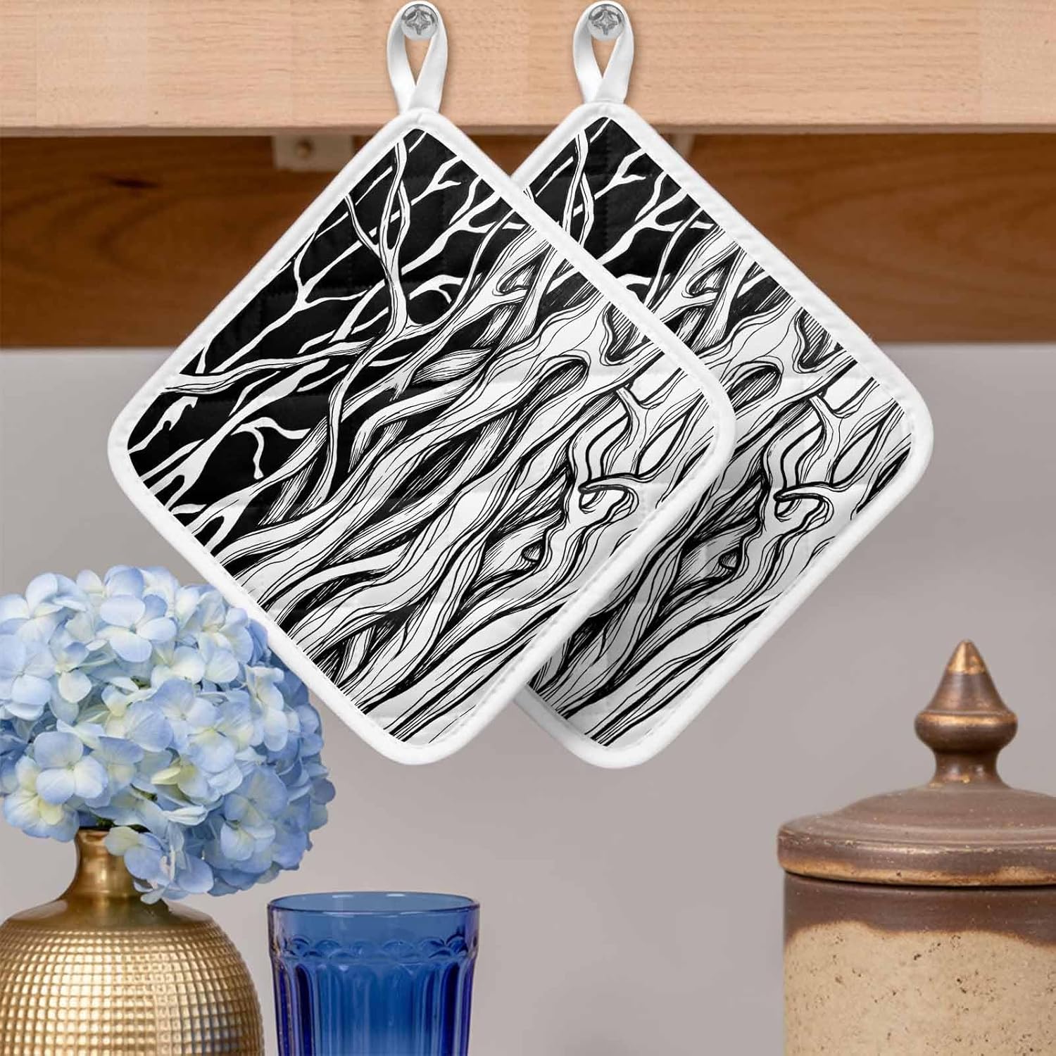 5 Pack Pot Holders for Kitchen, Black White Striped Hot Pads for Kitchen Countertops Oven Pot Holder Bulk, Farmhouse Stripes Modern Abstract Art Heat Insulation Potholders with Hanging Loops