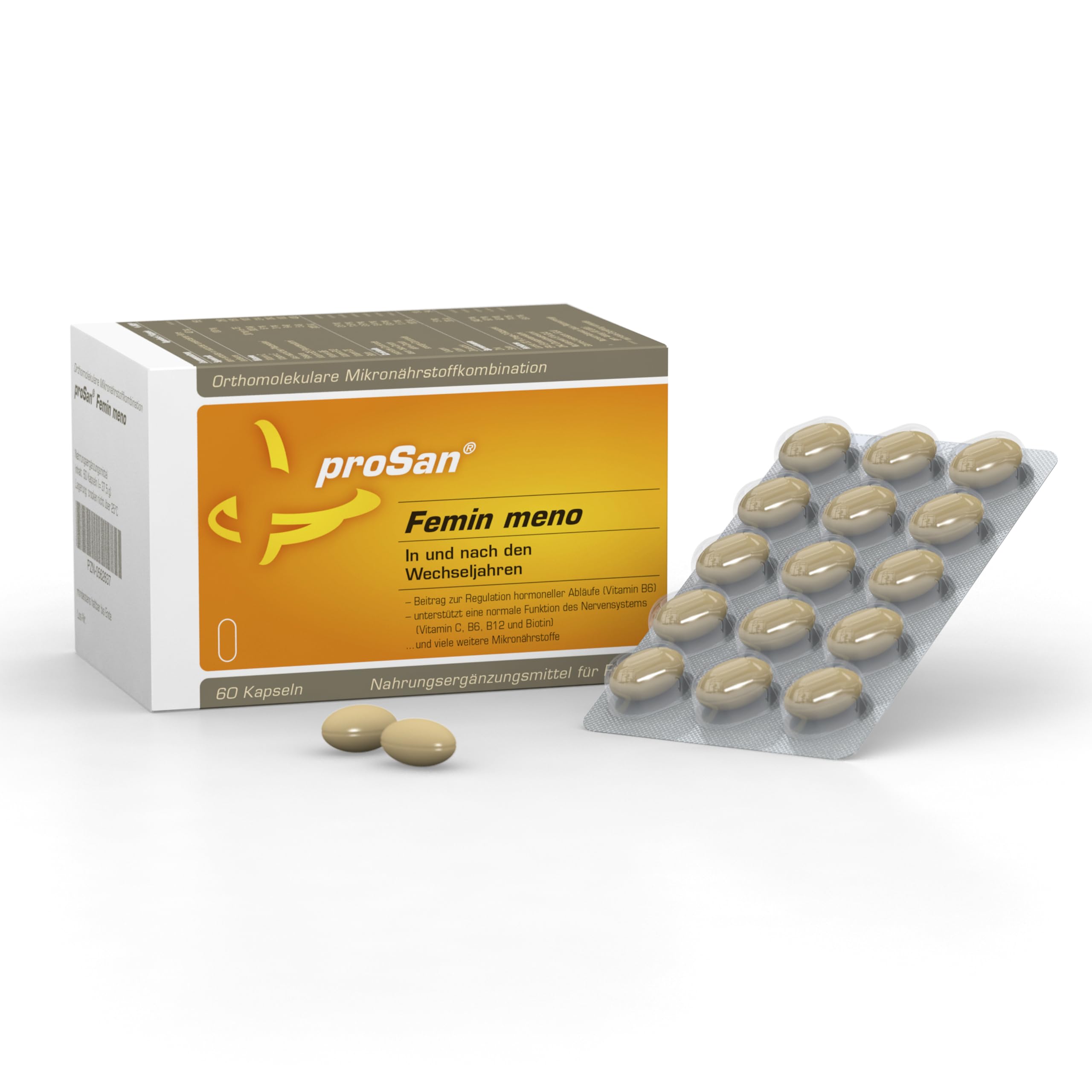 proSan Femin meno Wechseljahre Kapseln (Monatspackung: 60 Kapseln) | natürlich & pflanzlich, hormonfrei, Isoflavone & Vitamine, Omega 3-Fettsäuren & Nachtkerzenöl, Mineralien & Carotinoide