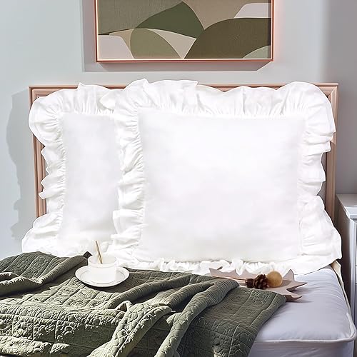 Miniatura 4 de Lemfux Juego de 2 fundas de almohada europeas blancas con volantes, 20 x 20 pulgadas, fundas de cojín cuadradas 100% de algodón, estilo shabby chic,