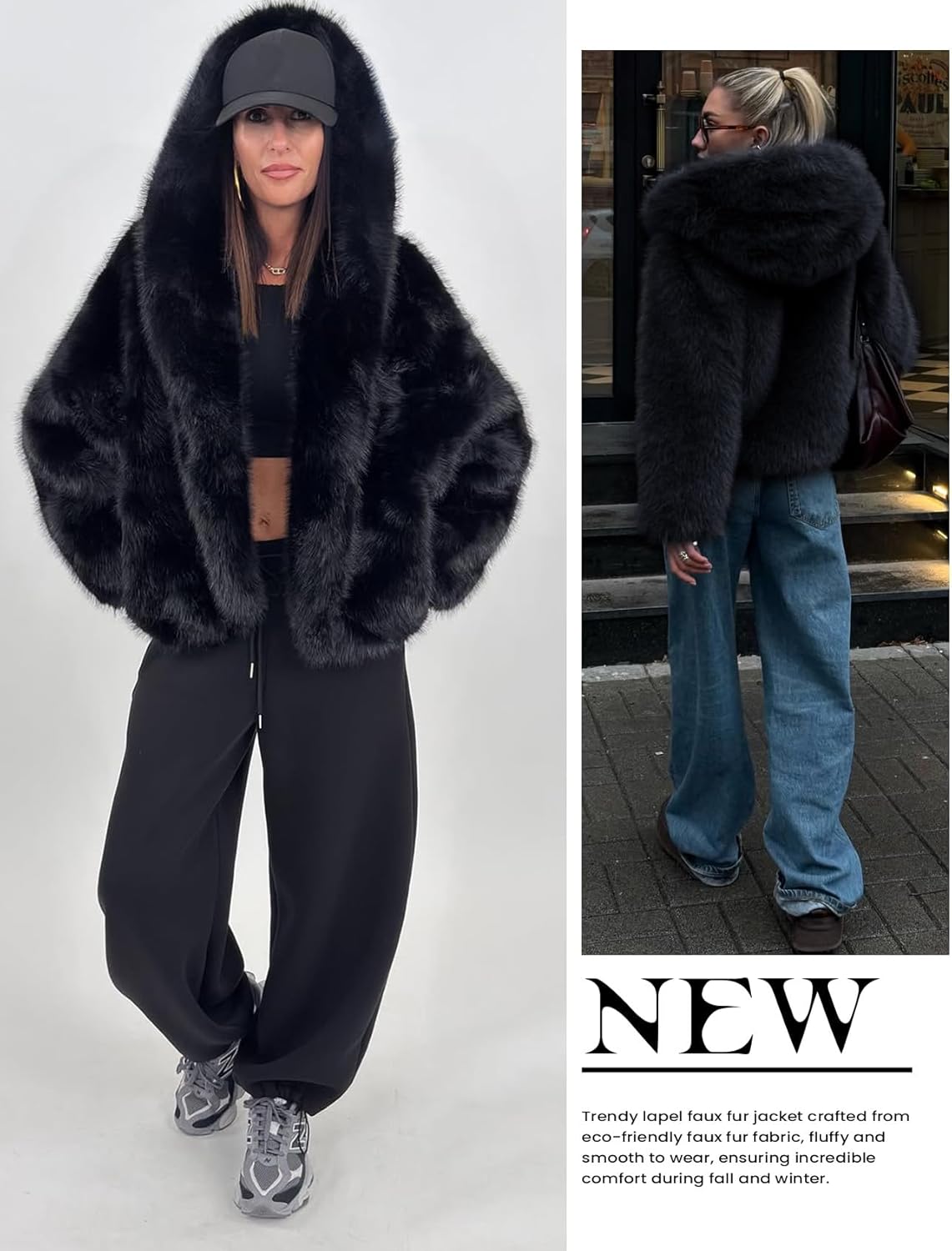 Wyeysyt Women's Faux Fur Coat with Hood Open Front Fluffy Short Coats Winter Warm Thick Cropped Hooded Shaggy Jacket