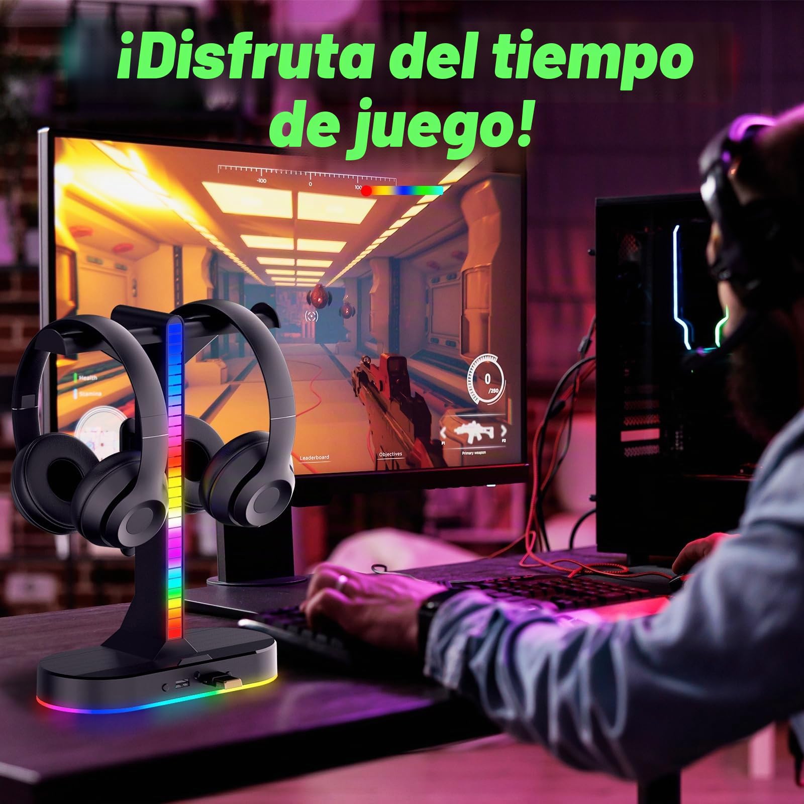 Soporte Doble RGB para Auriculares con Cargador USB, Soporte Doble para Auriculares para Juegos con 2 Puertos USB y Puerto de Audio de 3.5 mm, luz LED RGB para Todos los Auriculares, Mesa de Jugador
