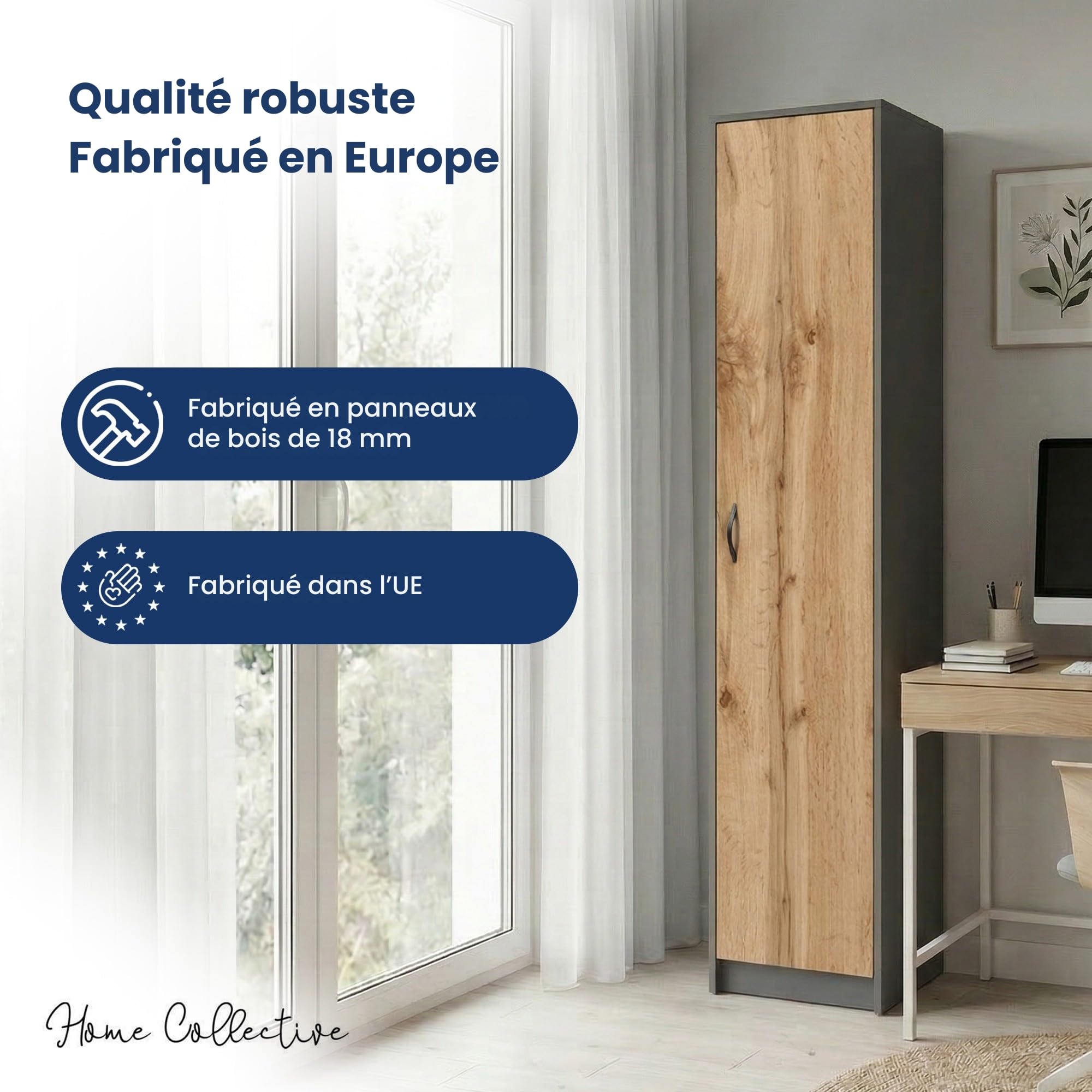 Home Collective Bibliothèque Armoire, Étagère, Meuble de Rangement Polyvalent avec 4 étagères, Armoire de Bureau| 40 x 35 x 180 cm (L x P x H) | pour Chambre, Couloir, Bureau | Anthracite chêne