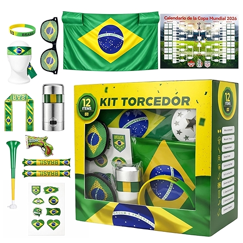 MBOX Kit Torcedor Brasil Copa 2026 12 Peças – Fantasia Completa com Faixa Cabeça, Óculos, ...