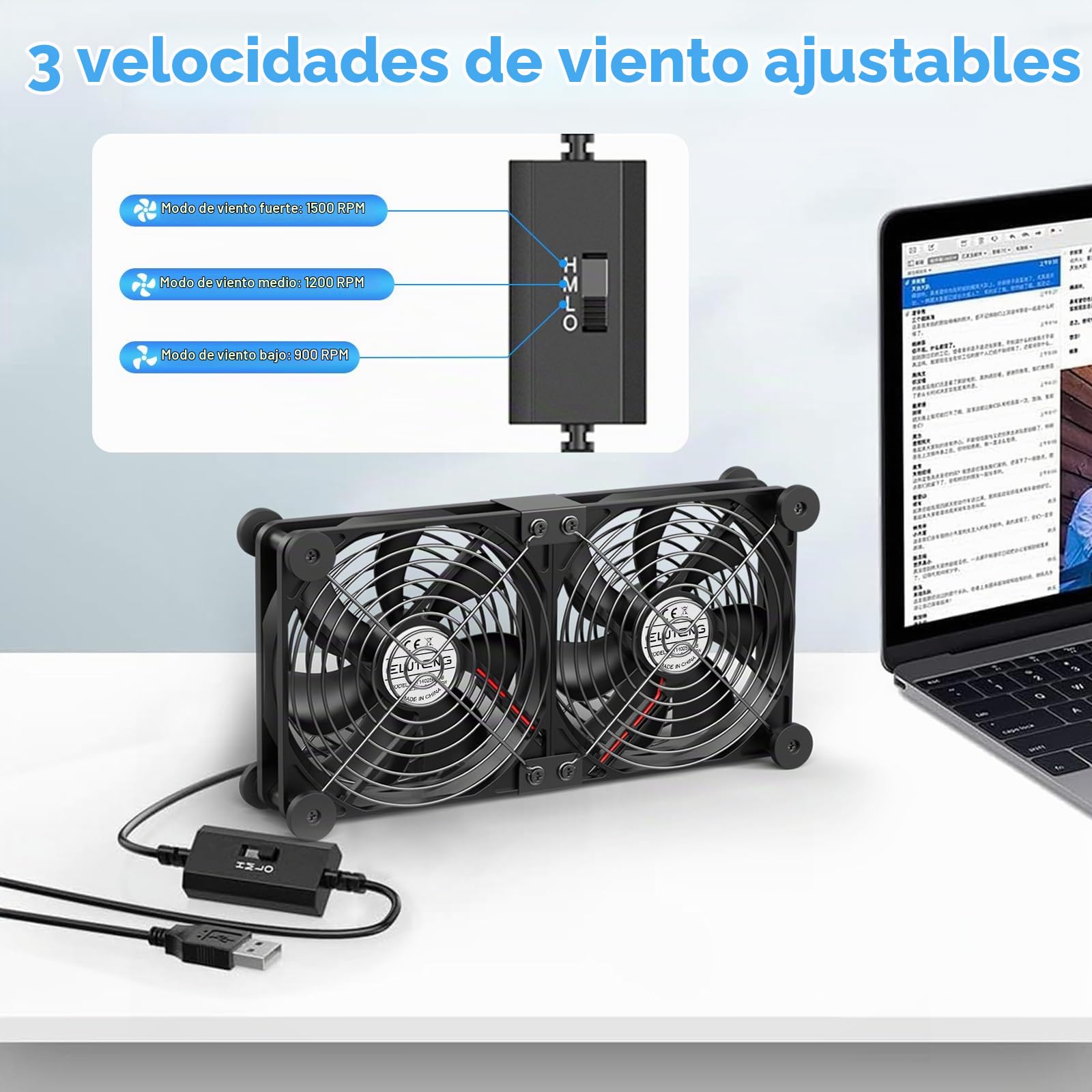 ELUTENG Ventilador USB 2 en 1 de 120 mm, 5 V, ventilador USB doble con 3 velocidades, ventilador de PC de 12 cm con 8 pies amortiguadores y regulador de temperatura digital para PS5, PS4, portátil, TV