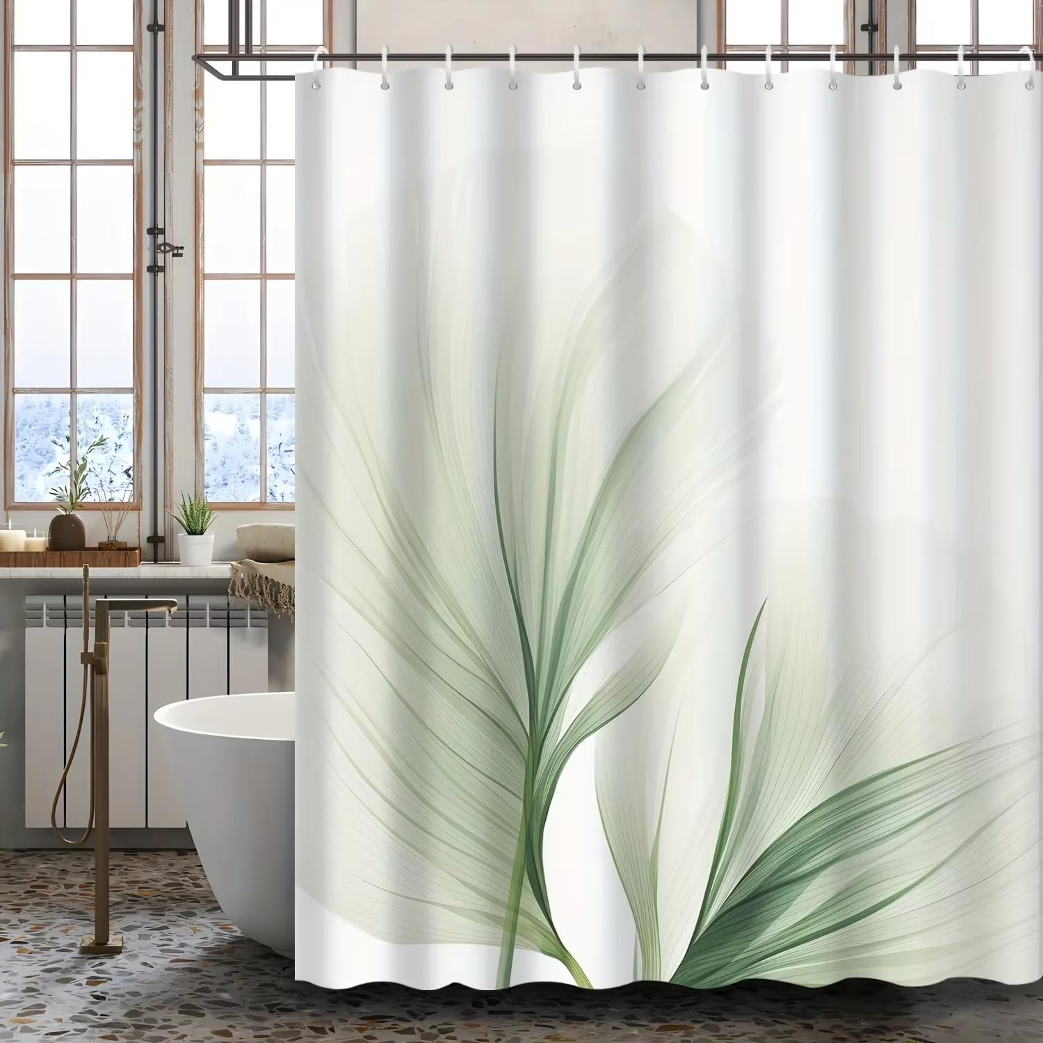 Tenda da doccia impermeabile con foglie di bambù verde,tenda da doccia in cotone con stampa floreale botanica per bagno spa moderno (160x200 cm/63x78 pollici (LxA)