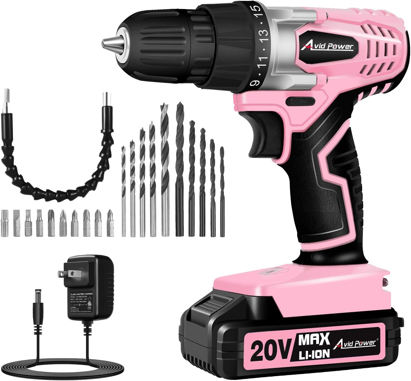 AVID POWER 20V MAX Lithium lon Cordless Drill Set, Power Drill Kit with Battery and Charger, 3/8-Inch Keyless Chuck, Variable Speed, 16 Position and 22pcs Bits (Pink) 2-pink