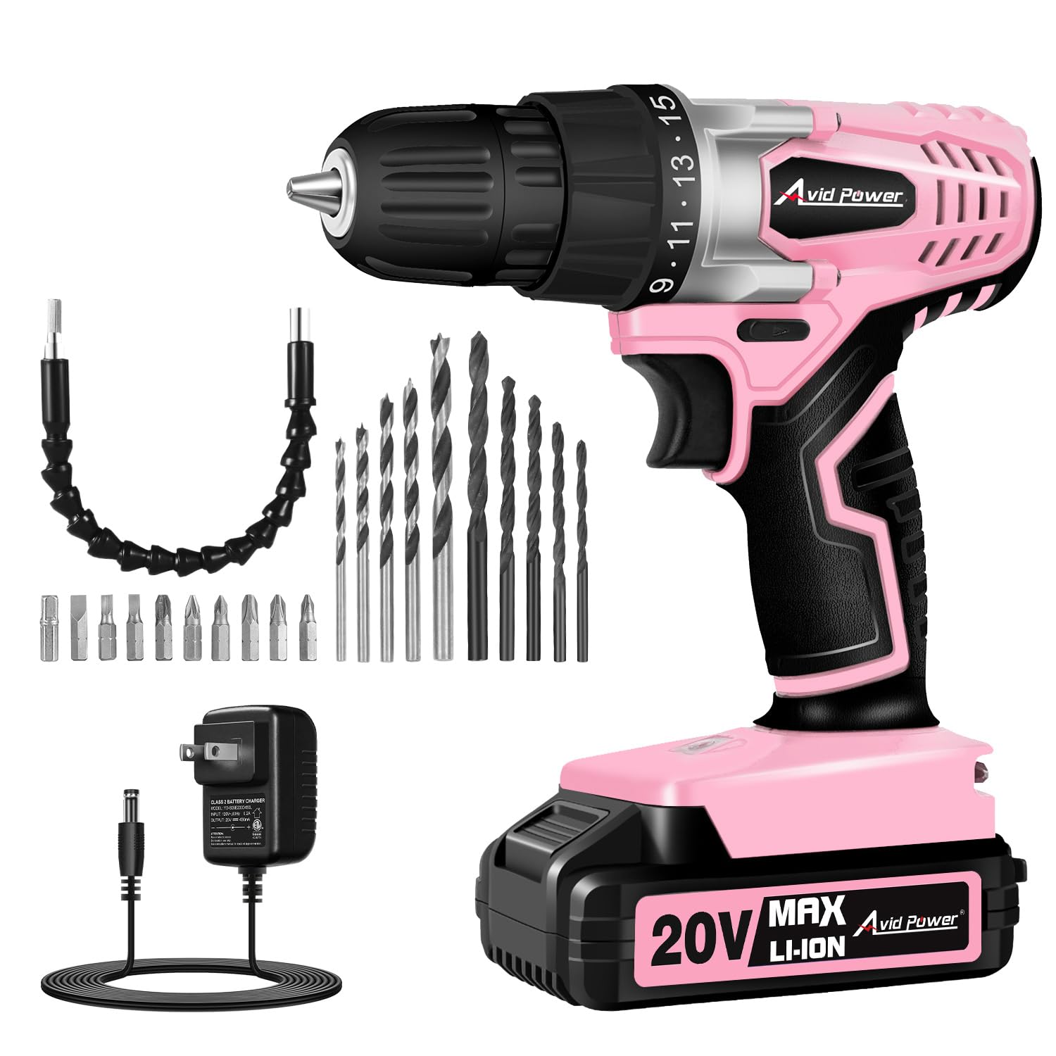 AVID POWER 20V MAX Lithium lon Cordless Drill Set, Power Drill Kit with Battery and Charger, 3/8-Inch Keyless Chuck, Variable Speed, 16 Position and 22pcs Bits (Pink)
