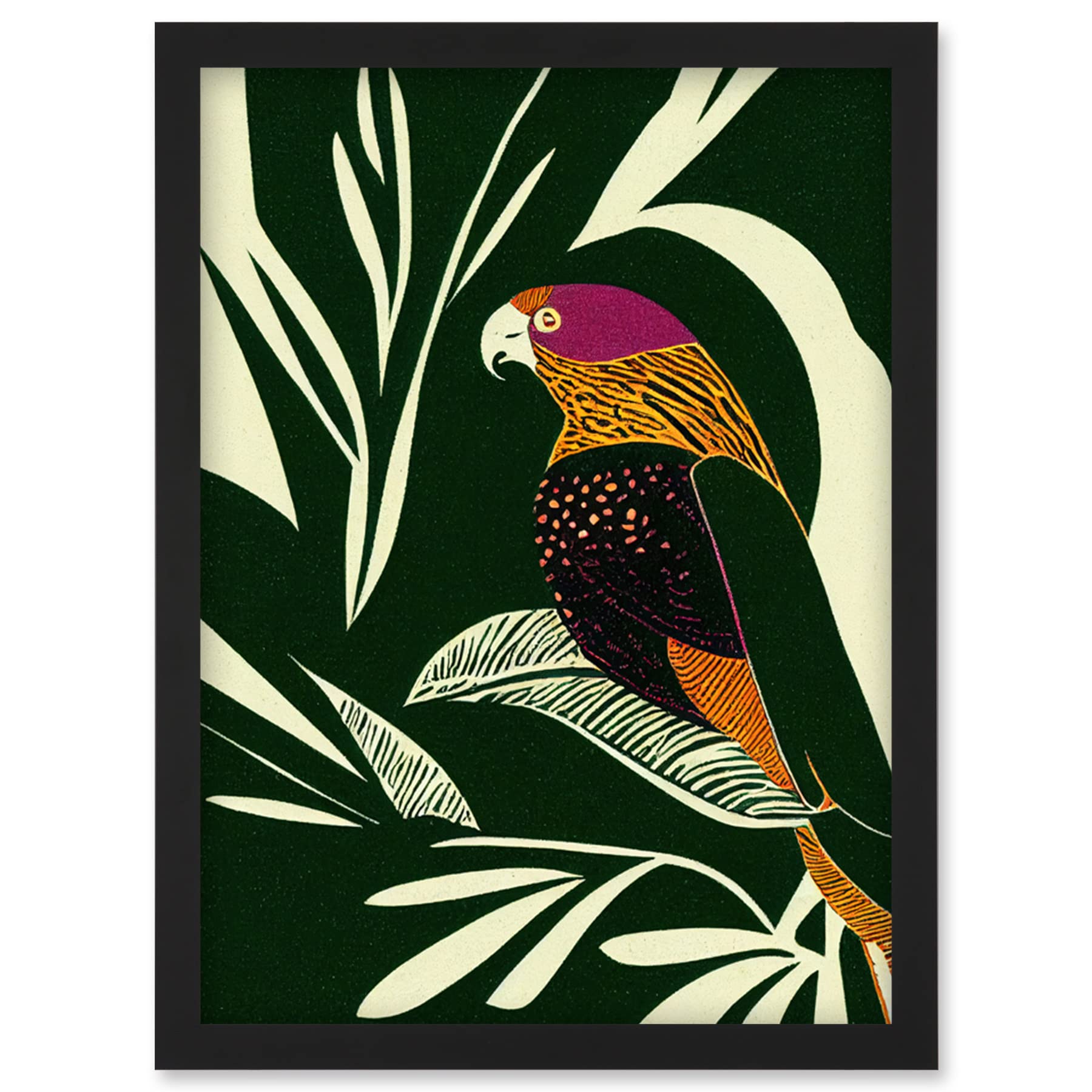Wee Blue Coo Green Orange Pink Cream Modern Vintage Tropical Plant Leaves with Bird Artwork Framed Wall Art Print A4