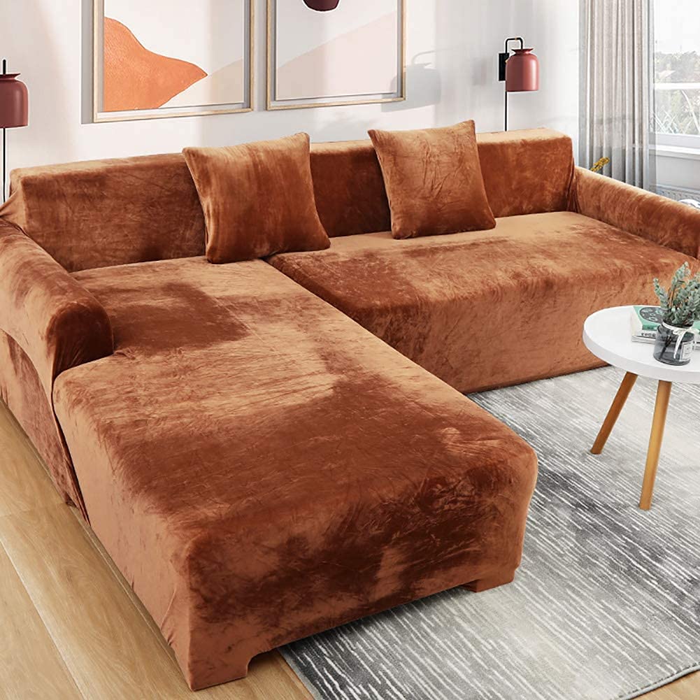 CAMZ Stretch L-Shape Sofa Cover, Velvet 1 2 3 4 Seat Sectional Sofa Slipcover Soft Chaise Lounge Couch Cover (Coffee.,L Shape 3seat+3seat)