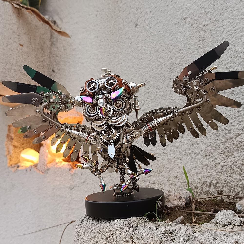 Kit de puzzle 3D en métal Steampunk Hibou – Plus de 700 pièces à faire soi-même avec lunettes et lumière | Sculpture d'animaux mécaniques en acier inoxydable pour adultes cadeau et affichage