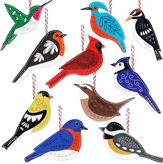 Felt Birds Ornaments Kit Christmas Tree Woodpecker Cardinal Goldfinch Fabric Stuffed Hanging Decor Winter Tags Basket Stuffer Set of 10