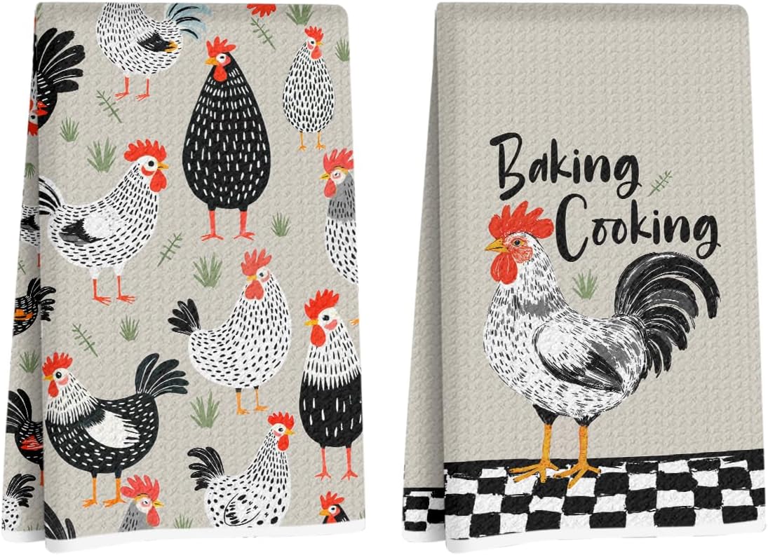 2Pcs Chicken Kitchen Towels, Reusable Durable Microfiber Tea Towels for Kitchen Home Bathroom Decor, Baking Cooking Waffle Weave Dish Drying Towel, Chicken Gifts for Women Friend, 24×14 Inch
