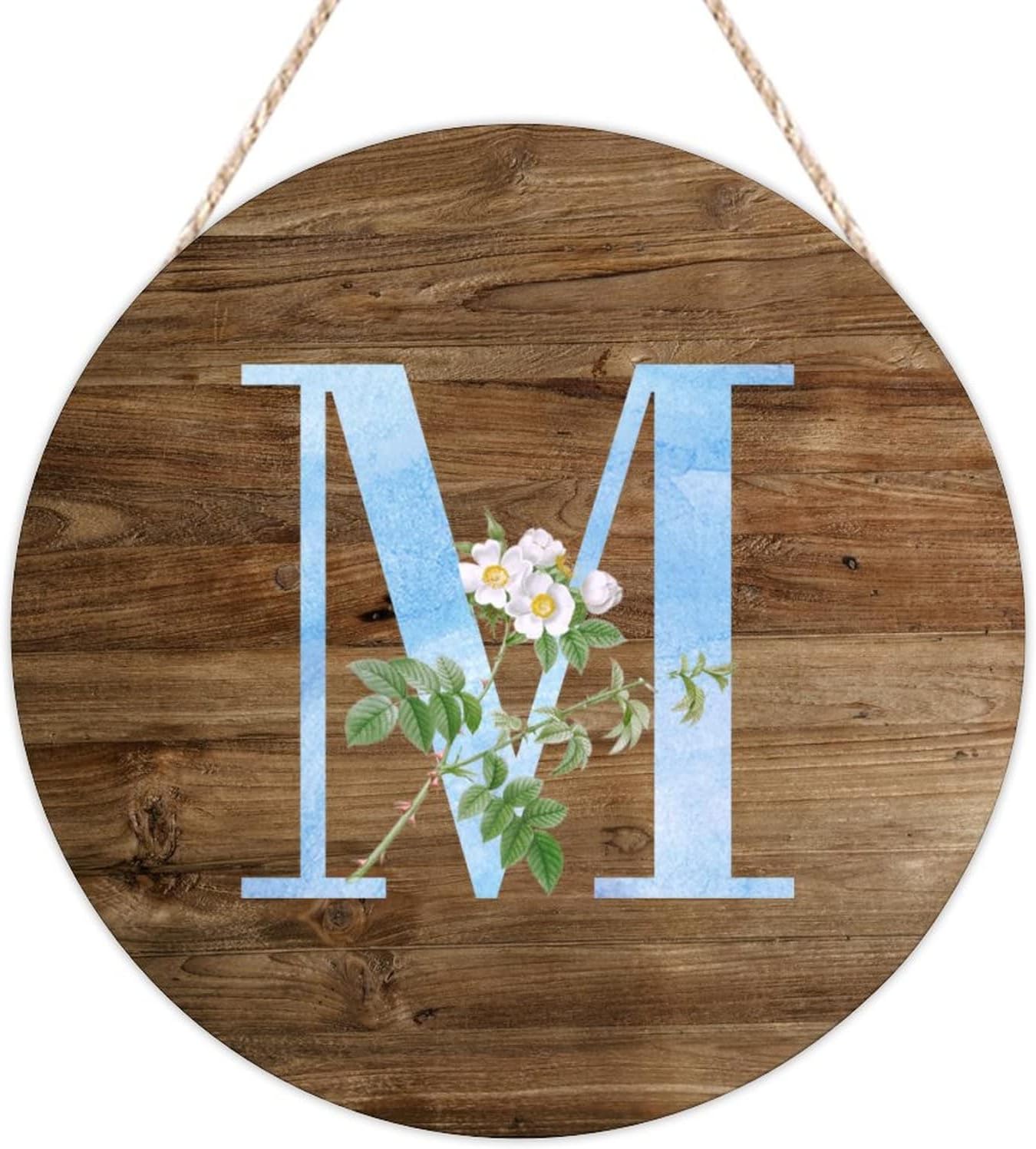 Welcome Sign for Front Porch Monogram Initial C Round Wood Sign Alphabet White Floral Hanging Wall Sign Flowers Bouquet 16in Vintage Pictures Hanging Sign for Home Kitchen Porch Wall
