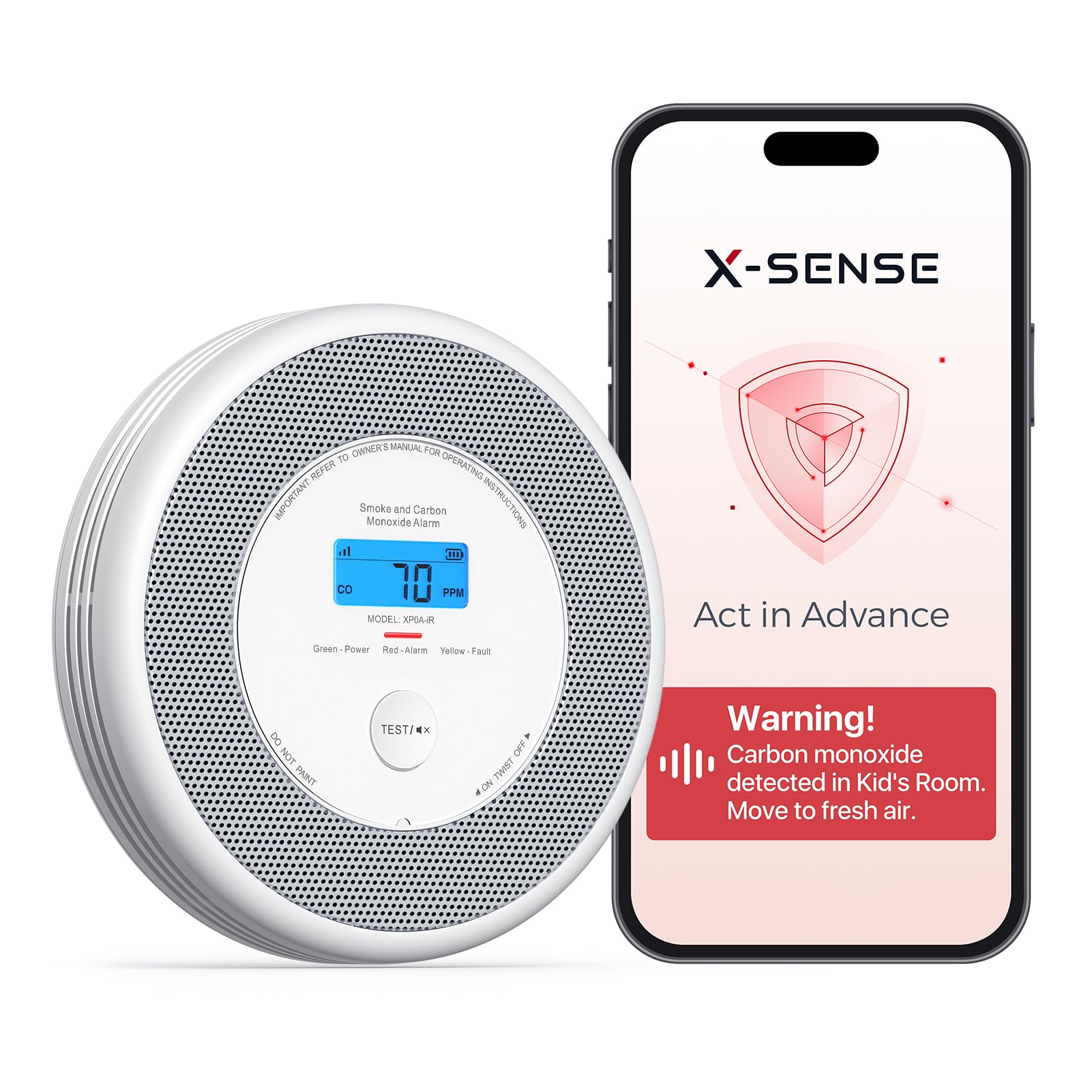 X-Sense X-Sense Wi-Fi Combination Smoke and Carbon Monoxide Alarm with English Voice Alerts, Smart Smoke Alarm for Home with Replaceable Battery, XP0A-iR, 1-Pack