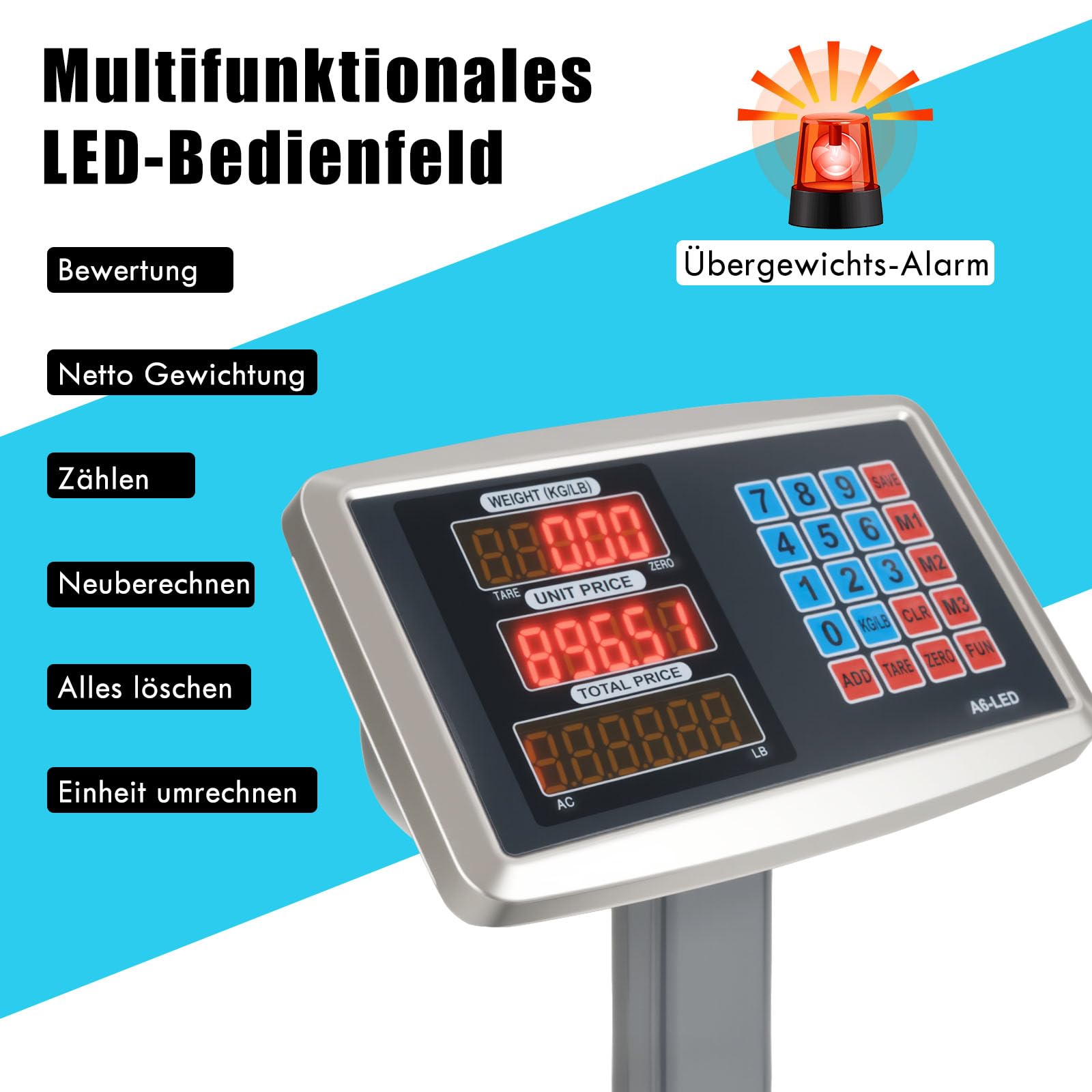 RELAX4LIFE Plattformwaage 300 kg/ 50 g, Paketwaage Klappbar, Industriewaage mit LED Display, Digitale Waage, Bodenwaage, Netz- & Batteriebetrieb, Plattform: 50 x 40 cm, verstellbare Füße (Silber)