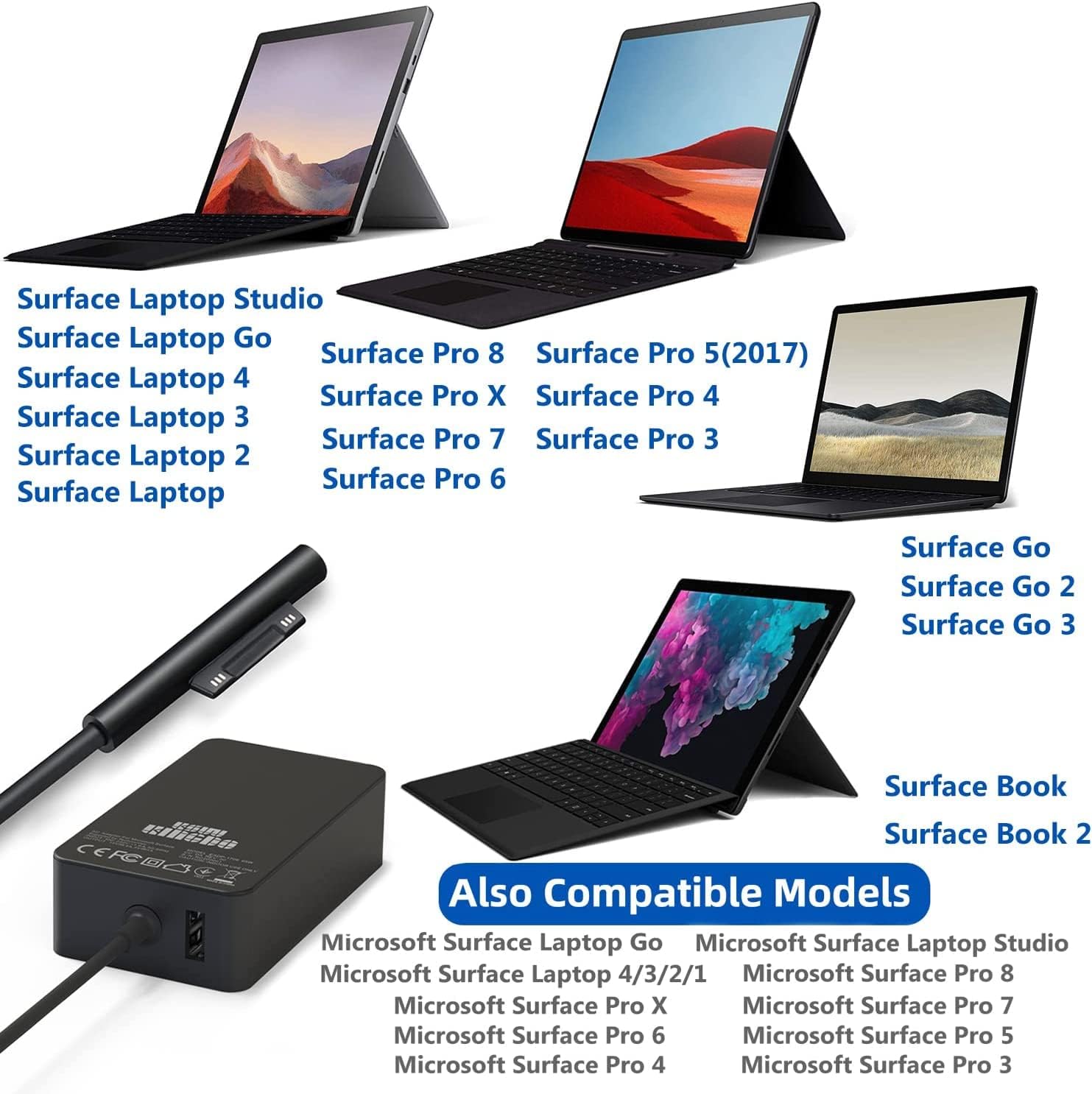Surface Book Surface Laptop Charger,102W 15V 6.33A Power Supply for Surface Book 2 3,Surface Laptop Studio 1798 1706,Surface Laptop 5/4/3/2,Surface Pro X/9/8/7/7+/6/5th/4/3/2,Surface Go 3/2