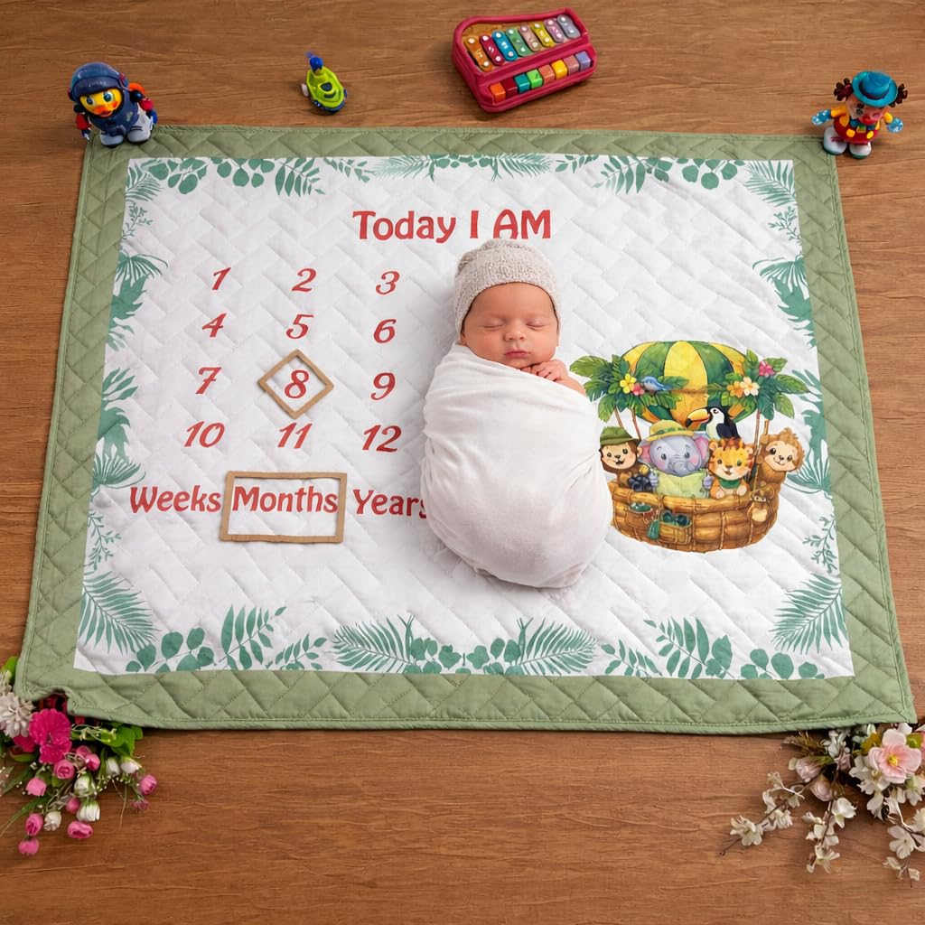 Baby Milestone Blanket 51 * 43 Inch with Soft Quilted Cotton Blend Monthly Growth Photo Props Mat with Weeks Months Years Markers Air Balloon Design for Newborn-image-25