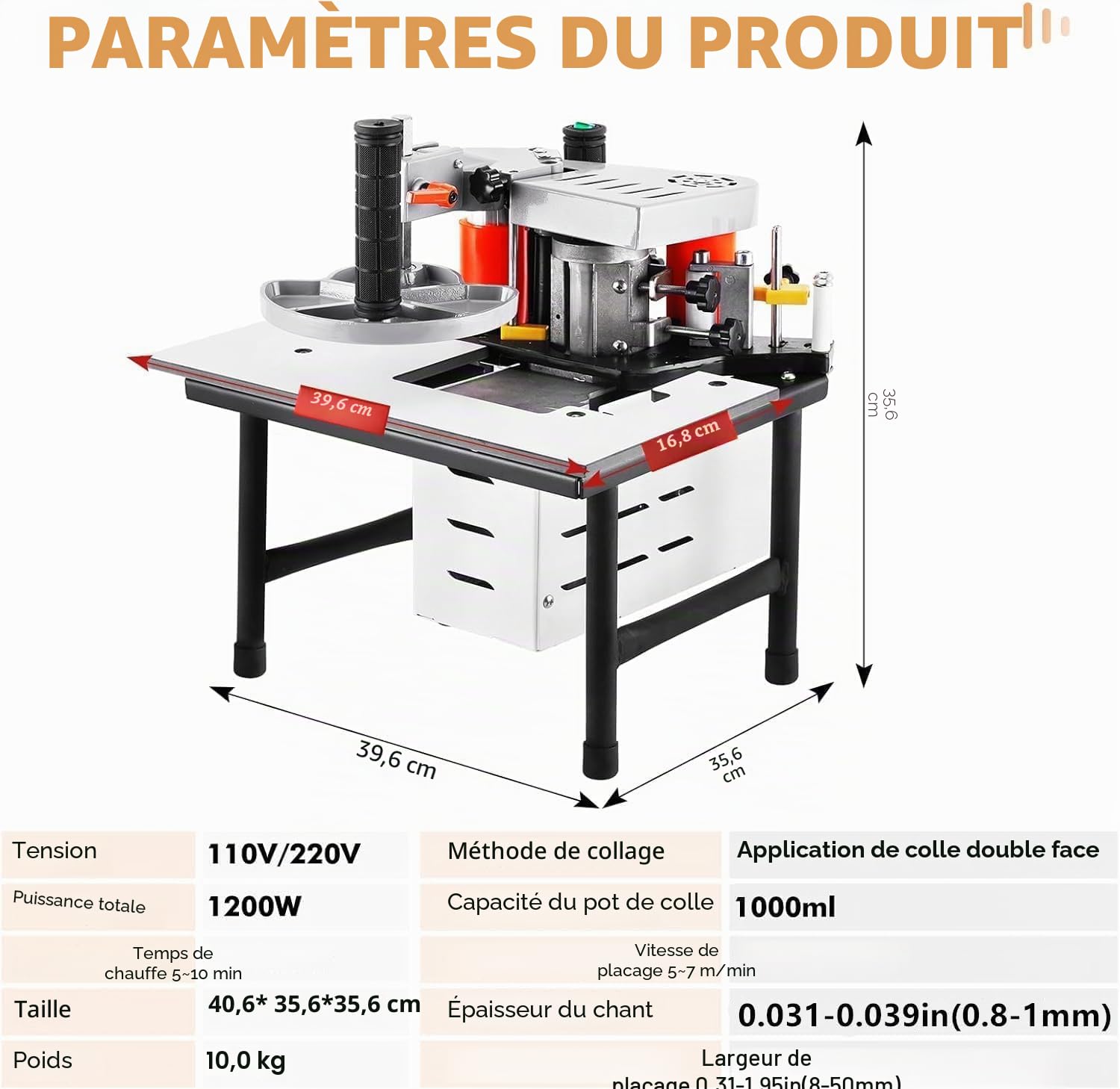 YUCHENGTECH Plaqueuse de Chant Portative 2-6m/min pour PVC/Contreplaqué | Vitesse Réglable 2-6m/min, Collage Double Face, Largeur 10-50mm, Épaisseur 0.3-3mm, pour Travail du Bois