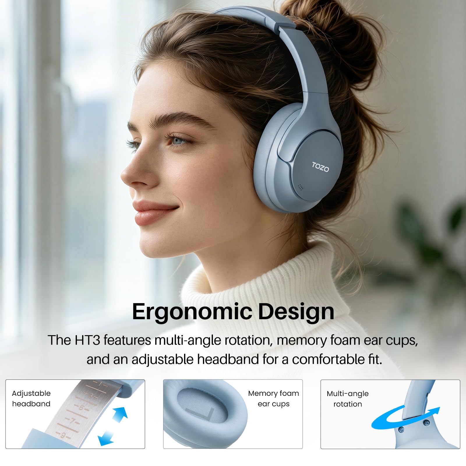 TOZO HT3 Hybrid Noise Cancelling Wireless Headphones, 90H Over Ear Headset view 9