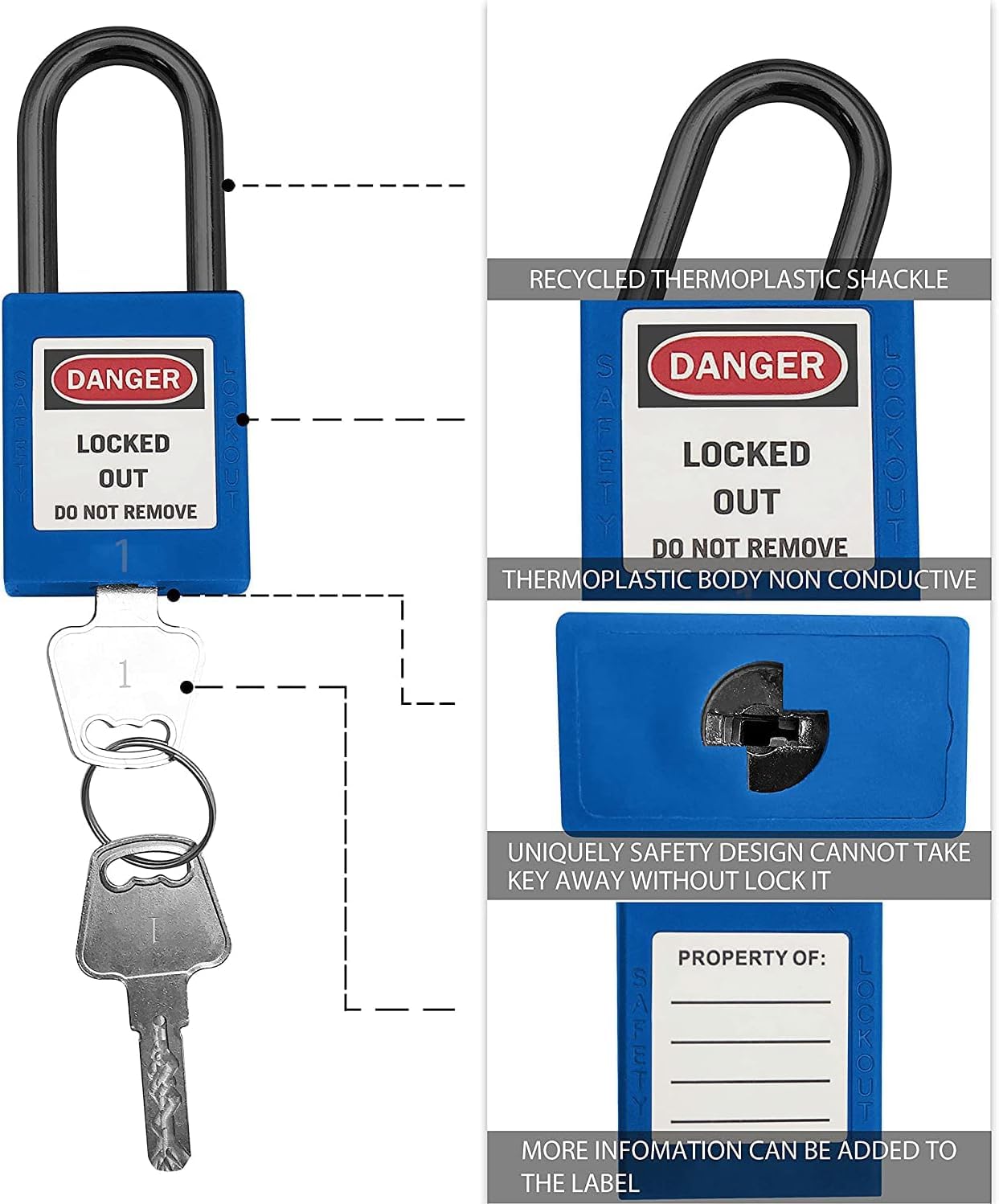 SAFBY OSHA Loto - Candado de seguridad con llave diferente, candado seguro OSHA Loto para estaciones y dispositivos de bloqueo y etiquetado (azul 1-10)