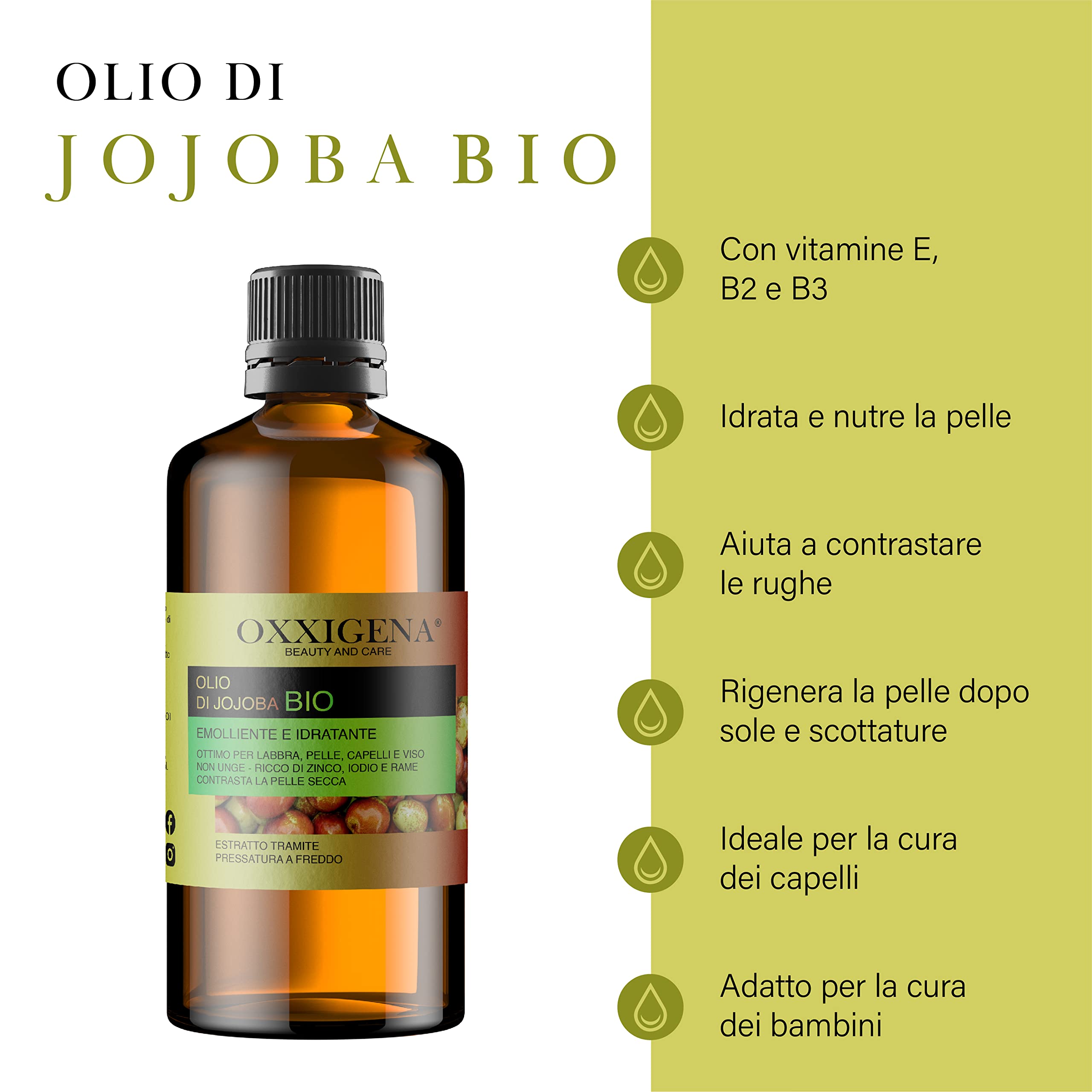 Oxxigena 100% organiczny olejek jojoba i czysty, opakowanie 500 ml, tłoczony na zimno, nawilża i głęboko odżywia skórę, nadaje włosom blasku, wegańskie i wolne od GMO