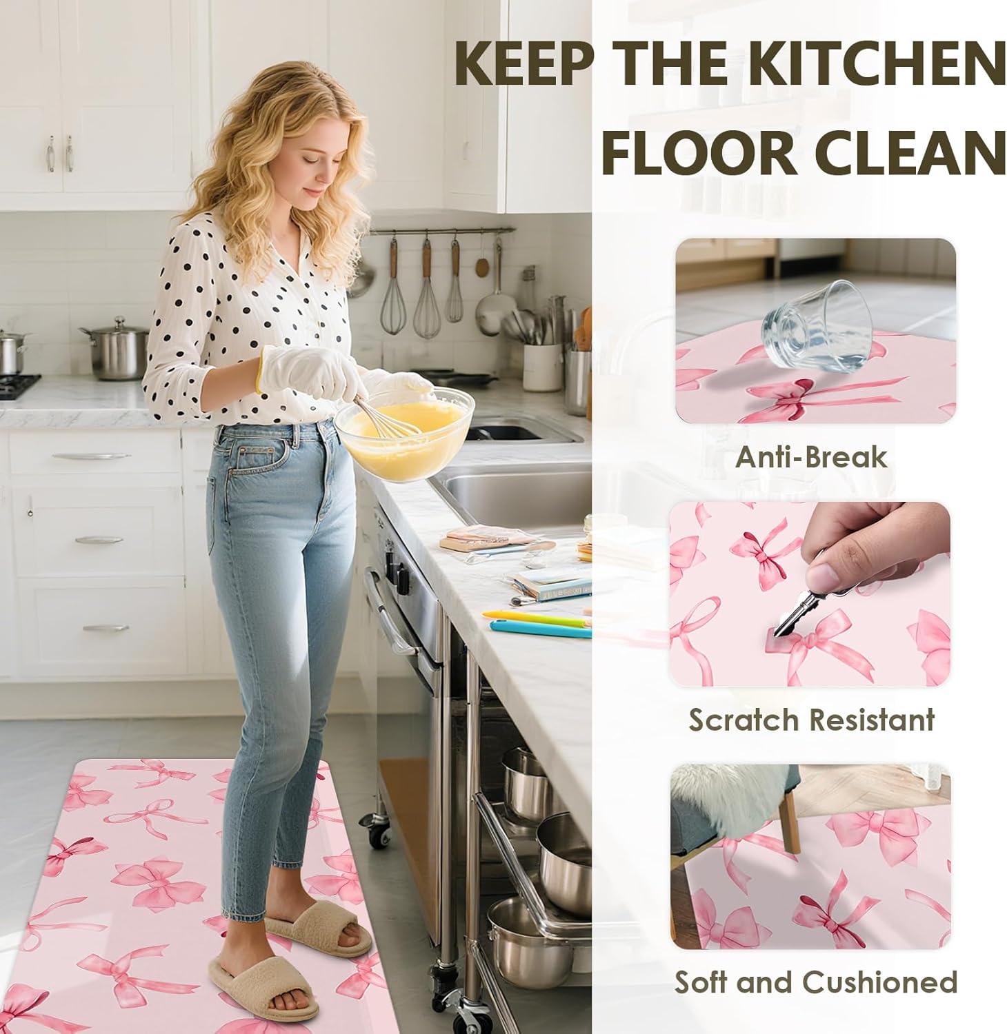 Bow Rugs for Kitchen Floor, 2PCS Anti Fatigue Pink Bow Mats for Kitchen Floor Rubber Non Slip, Washable Cushioned Bowknot Carpet Rug for Sink Laundry Gifts for Christmas 15.7"×27.5" +15.7"×47" 3.5mm