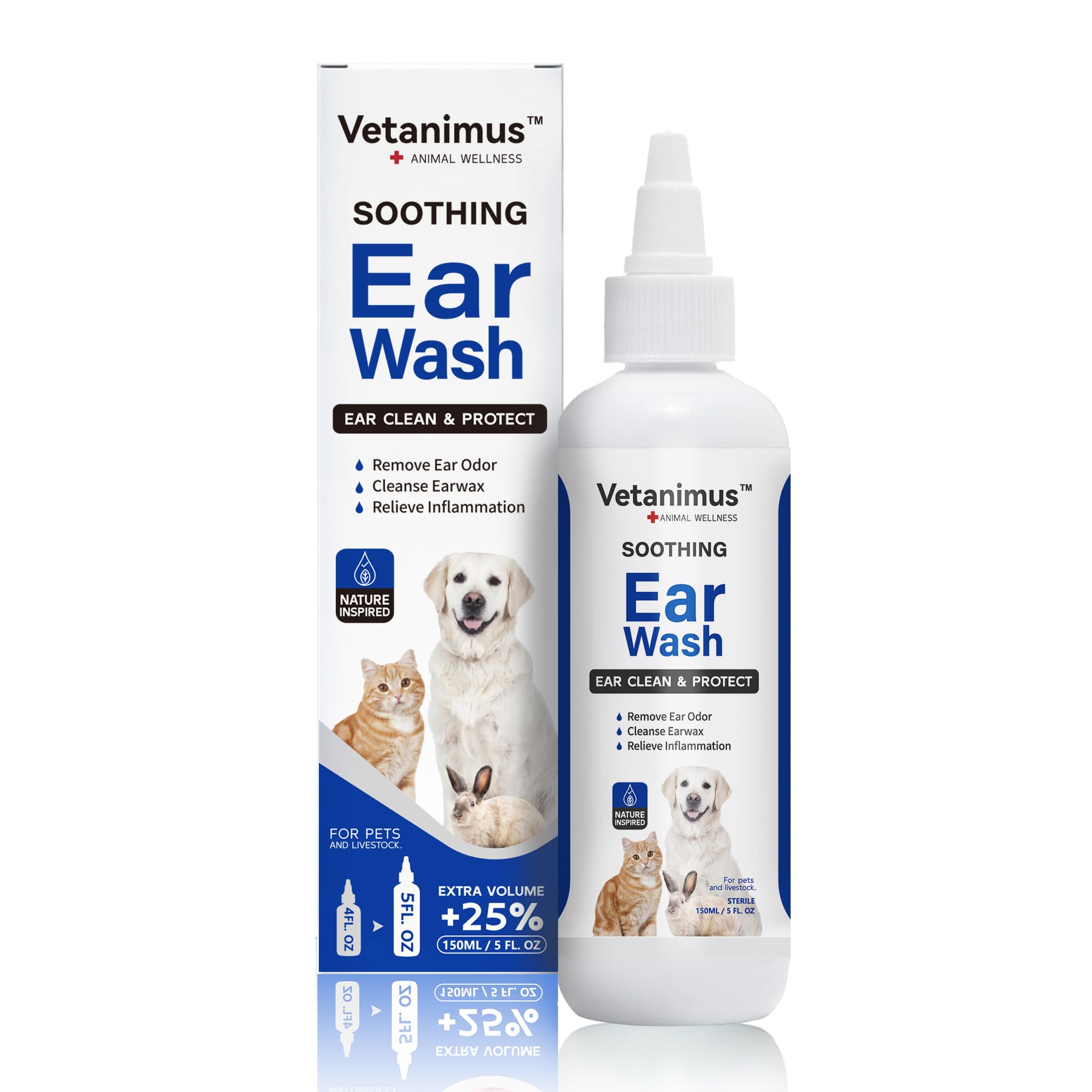 Ear Wash 150ml/5 fl.oz for Dogs, Cats and Livestock Ear Clean and Protect 1 Bottle