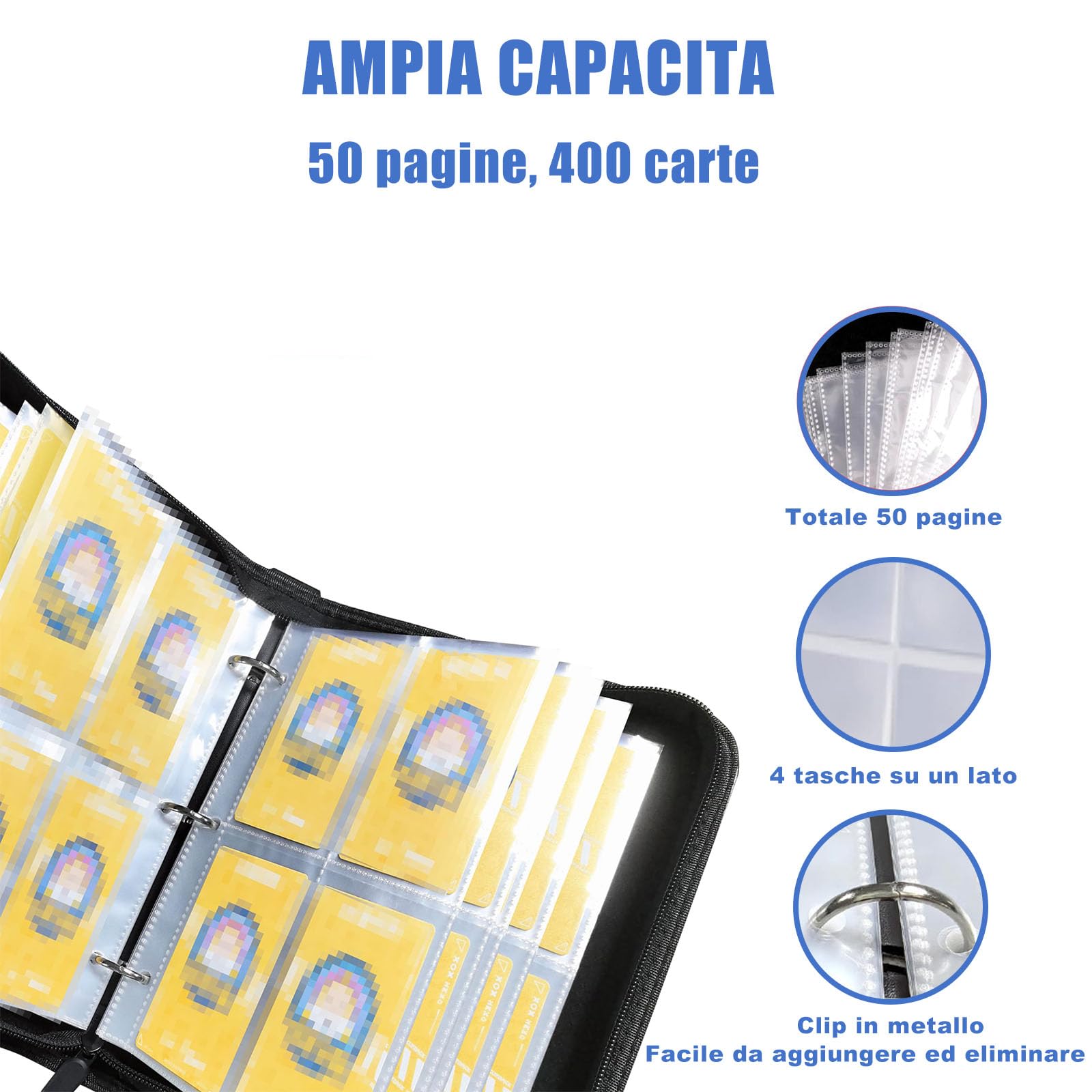 HOPAISH Raccoglitore Carte, Album Carte Collezionabili, Libro Porta Carte Con Cerniera, 50 Pagine Con Maniche Rimovibili e Cerniera, Può Contenere 400 Carte, Blu